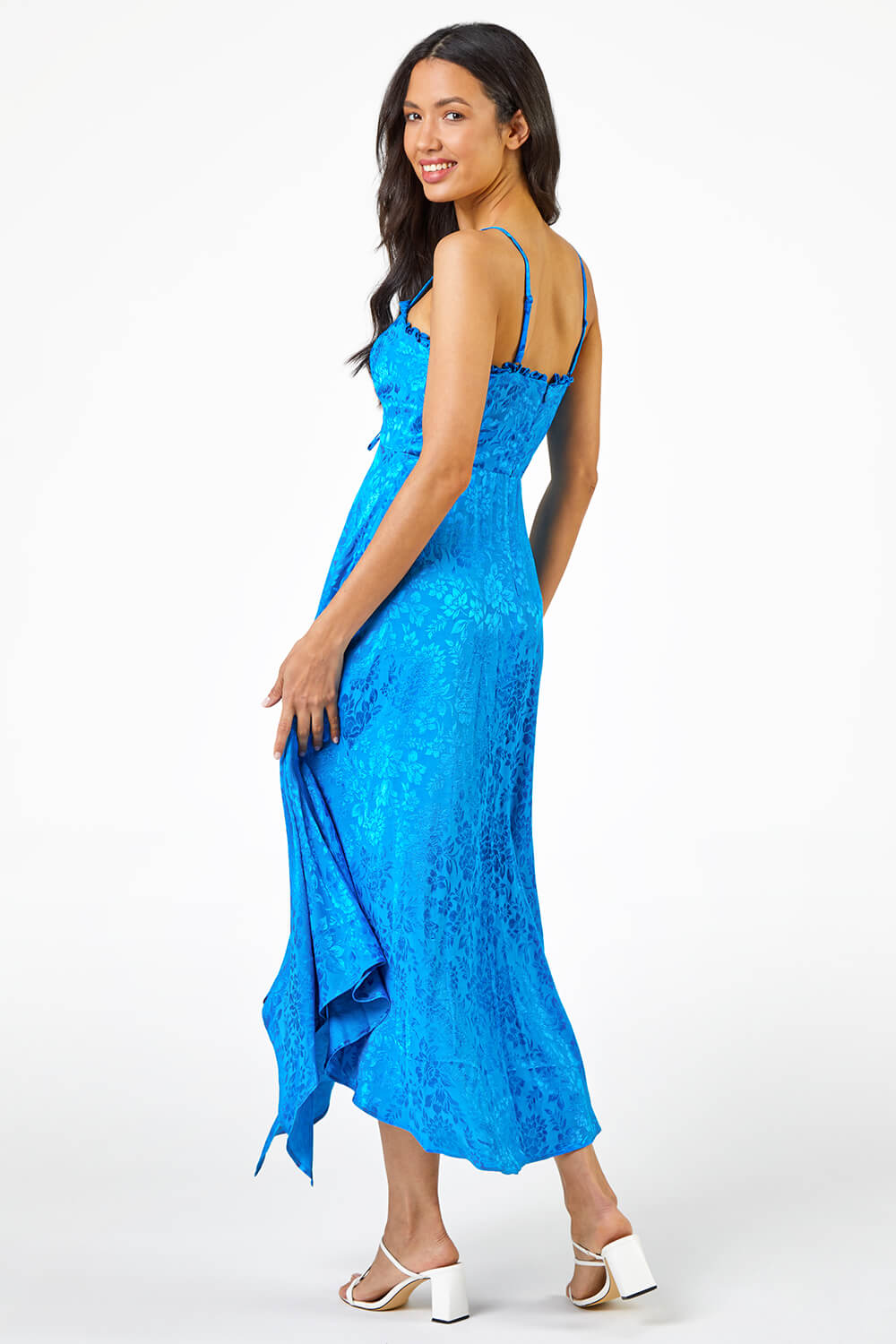 Blue Satin Ruffle Detail Jacquard Midi Dress, Image 2 of 5