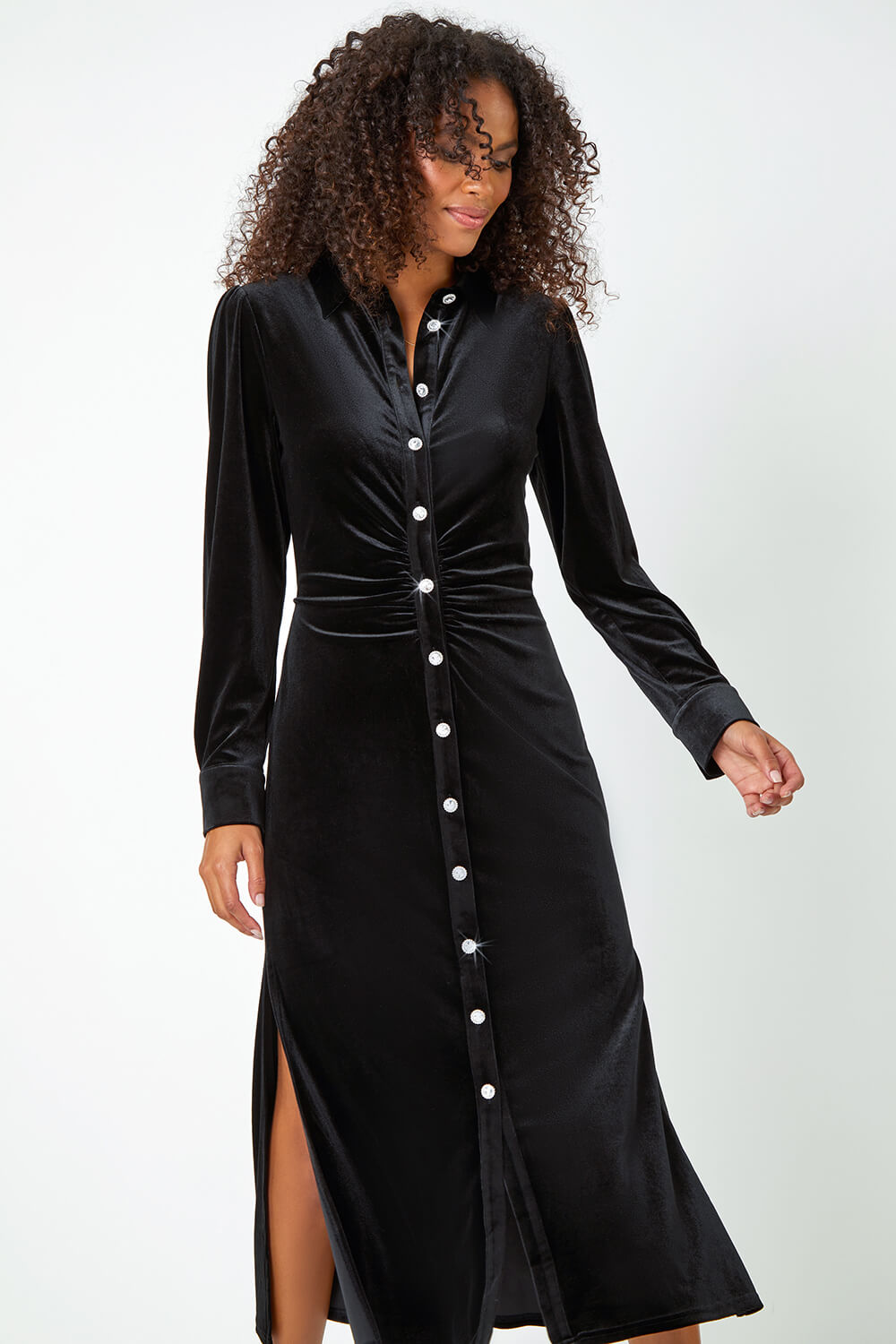Black Ruched Velvet Midi Stretch Dress, Image 4 of 6