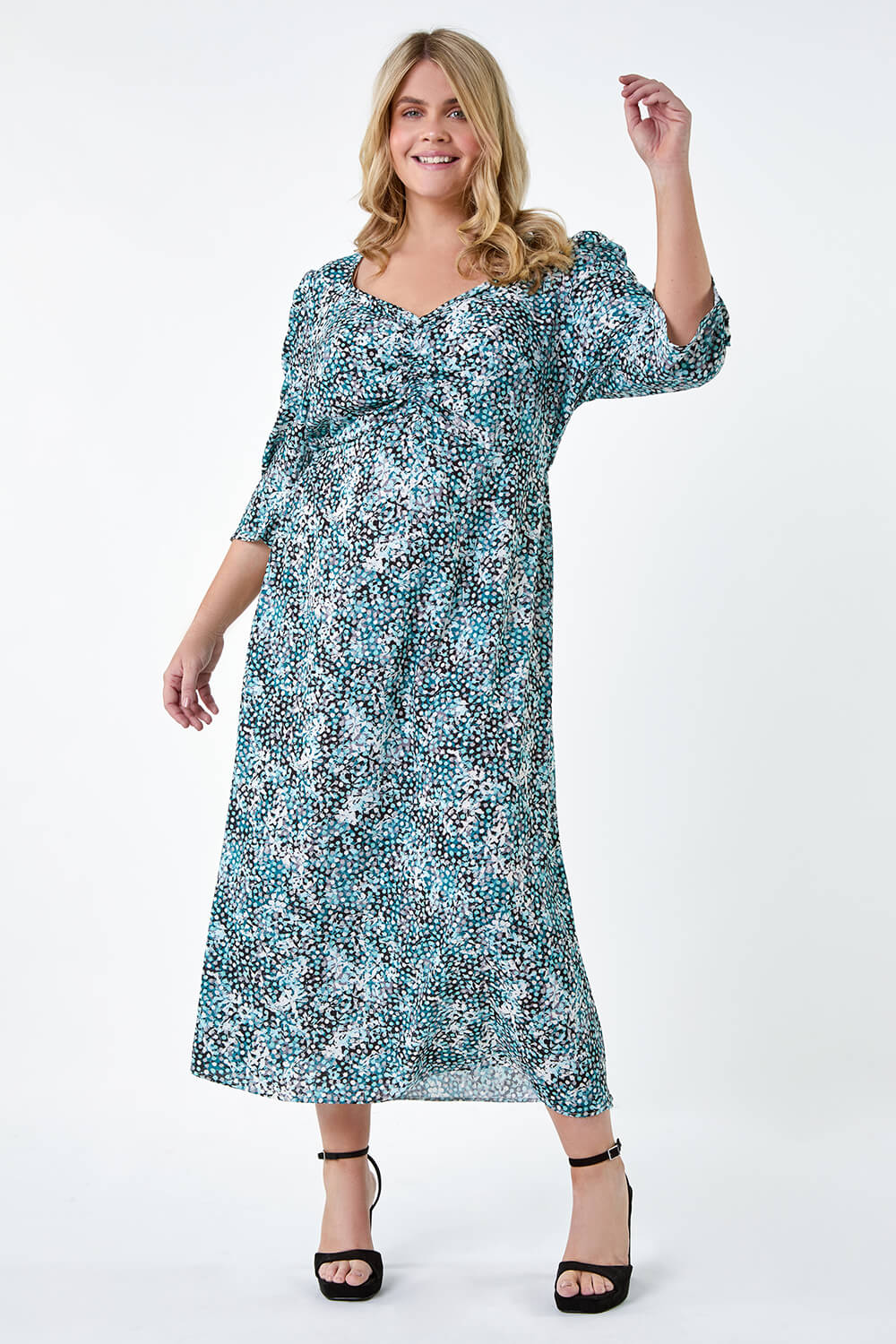 Teal Curve Abstract Spot Ruched Midi Dress, Image 2 of 5