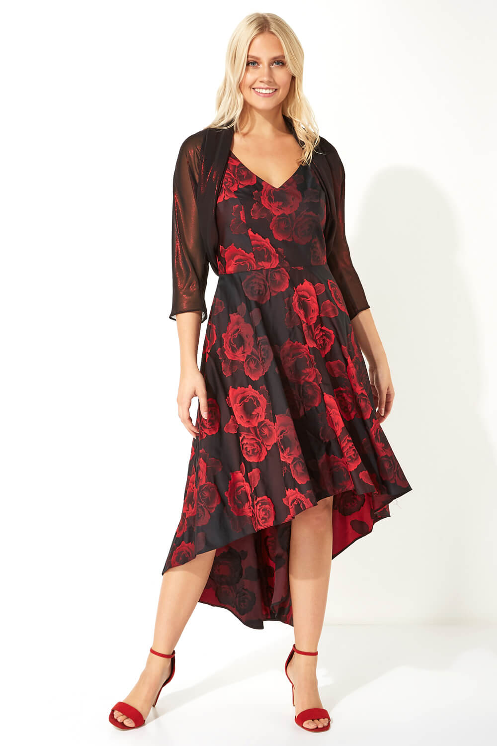 Red Rose Print Dipped Hem Dress, Image 3 of 4
