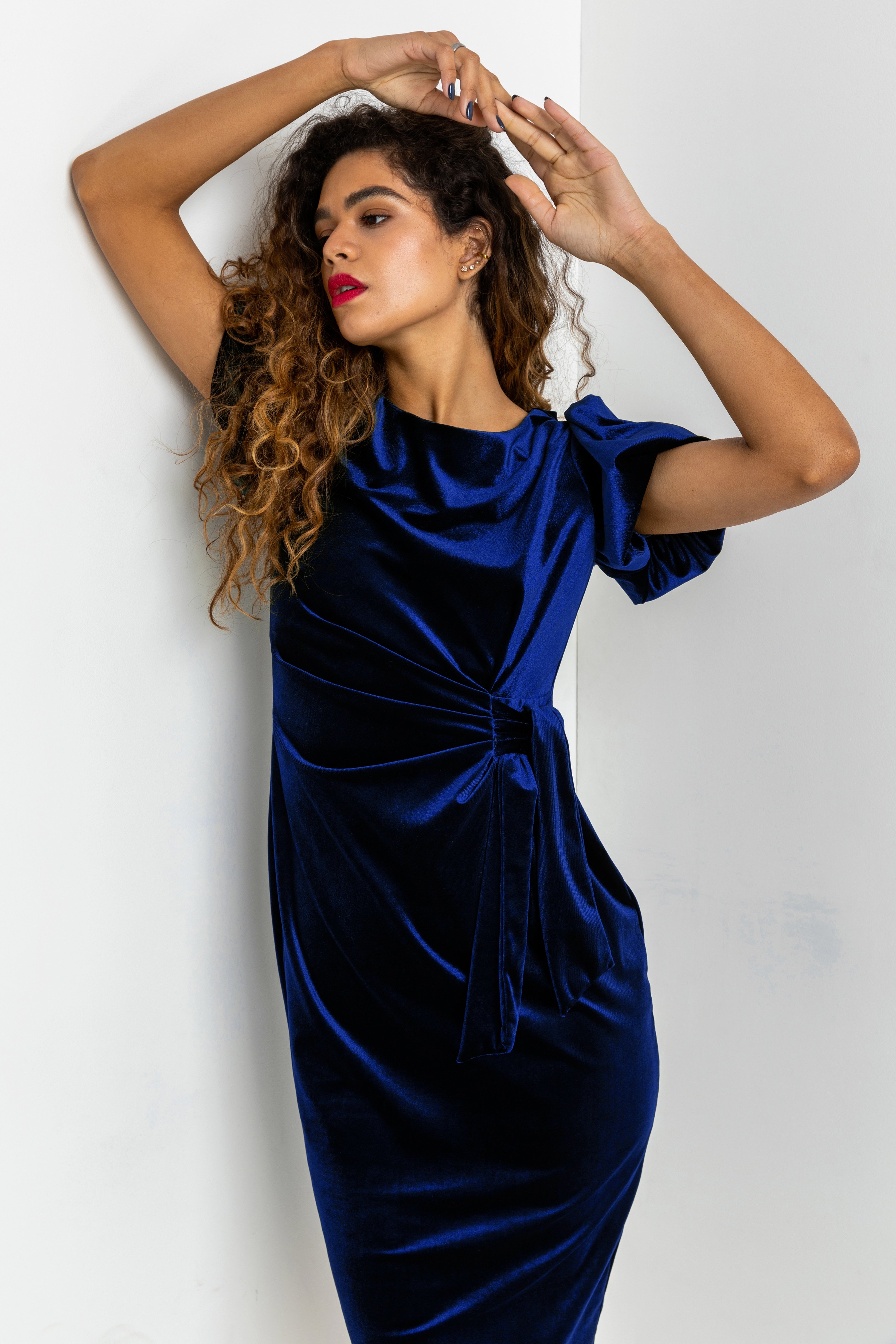 Royal Blue Velvet Bubble Sleeve Ruched Midi Dress, Image 4 of 4
