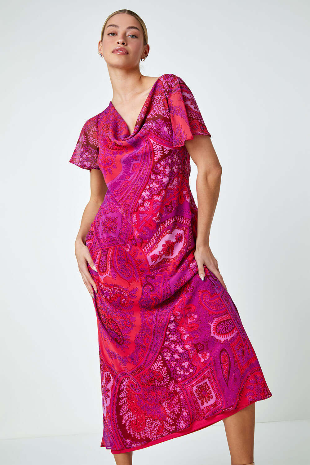 Purple Paisley Print Cowl Neck Dress, Image 4 of 5