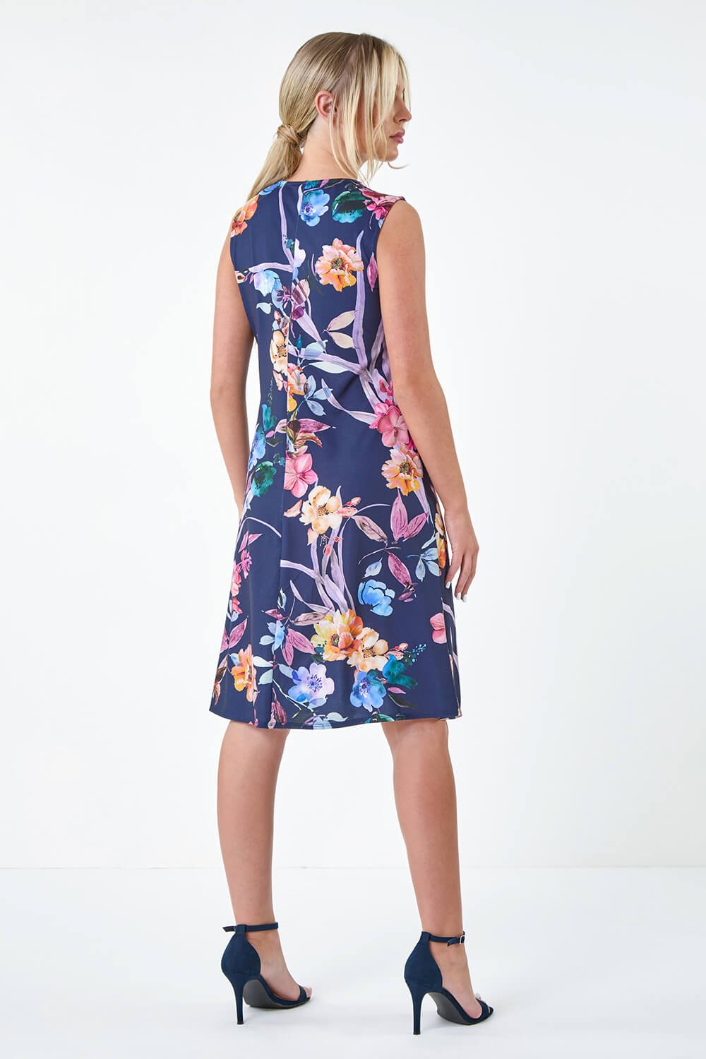 Navy  Petite Floral Twist Front Stretch Dress, Image 3 of 5