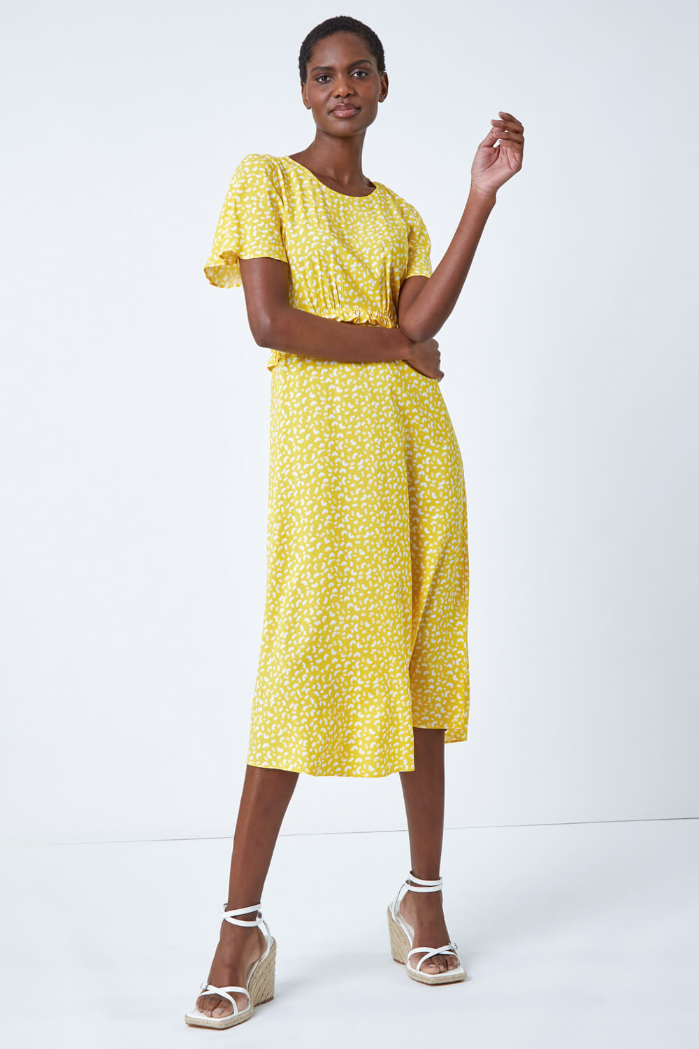 Yellow Ditsy Print Frill Waist Midi Dress, Image 4 of 6