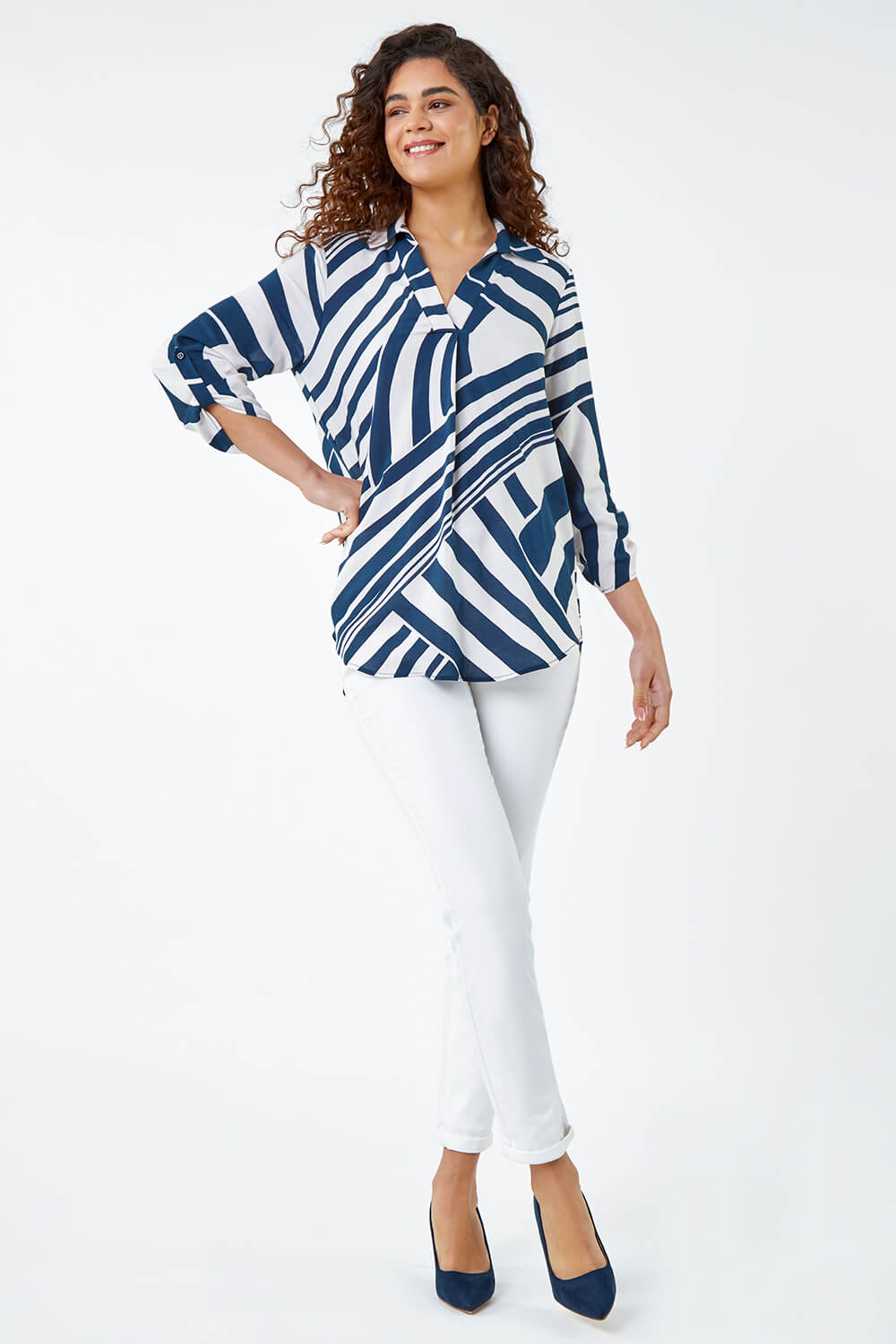 Navy  Linear Print Pleat Front Top, Image 2 of 5