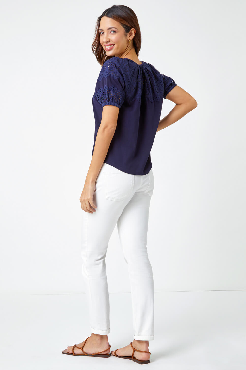 Navy  Cotton Broderie Puff Sleeve Top, Image 3 of 5