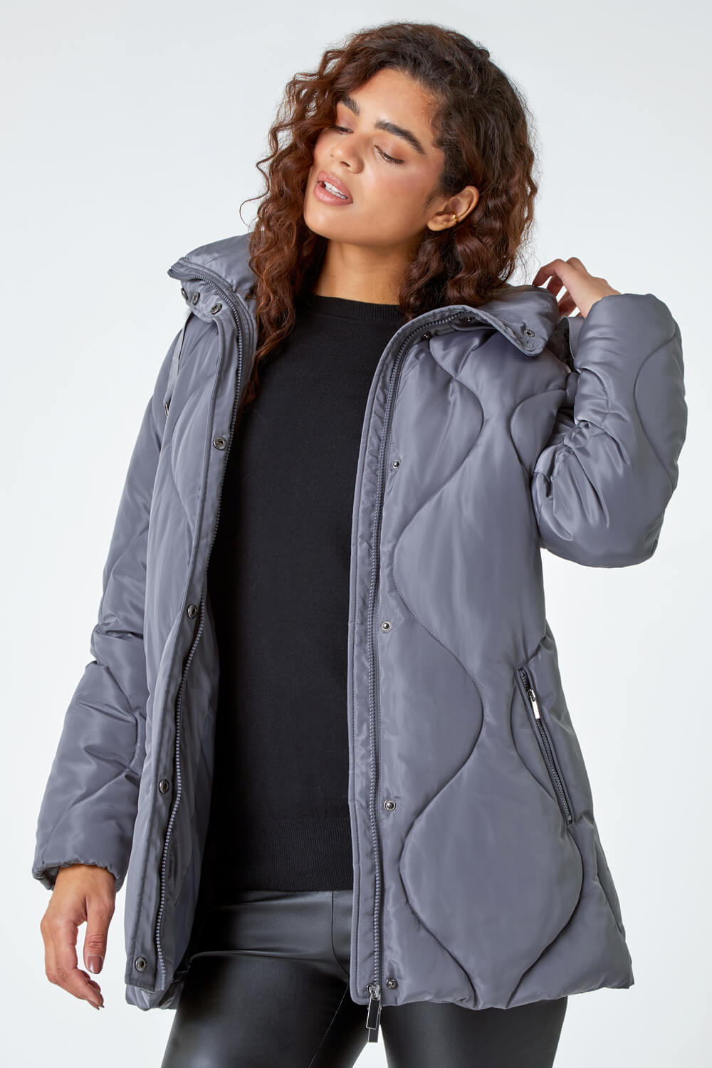 Grey Quilted Faux Fur Hooded Coat, Image 4 of 5