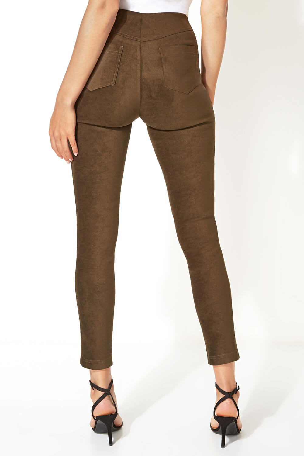 KHAKI Full Length Suedette Stretch Trousers, Image 2 of 5