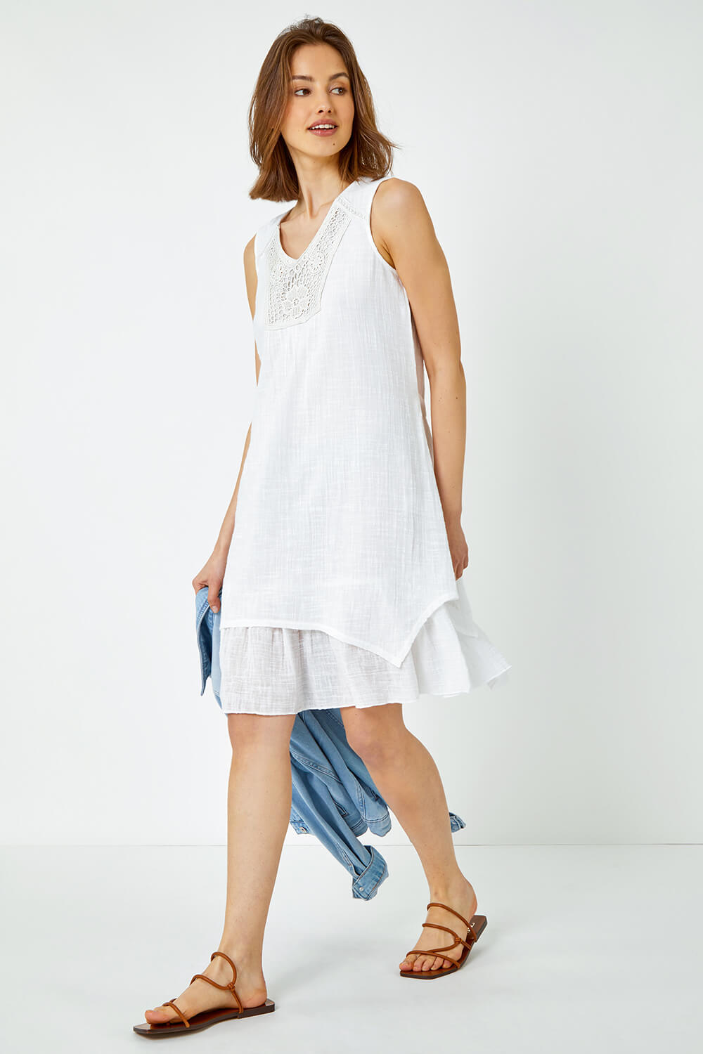 White Sleeveless Cotton Crochet Dress, Image 3 of 5