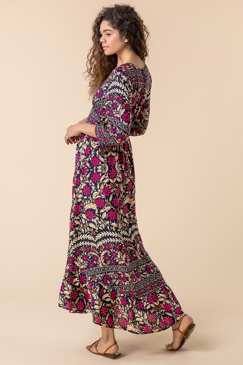Floral Border Print Maxi Dress in Magenta - Roman Originals UK