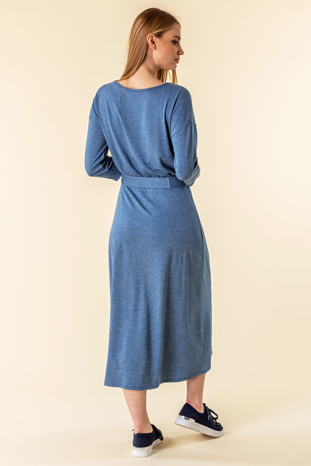 Light Blue  Belted Jersey Midi Dress, Image 2 of 4