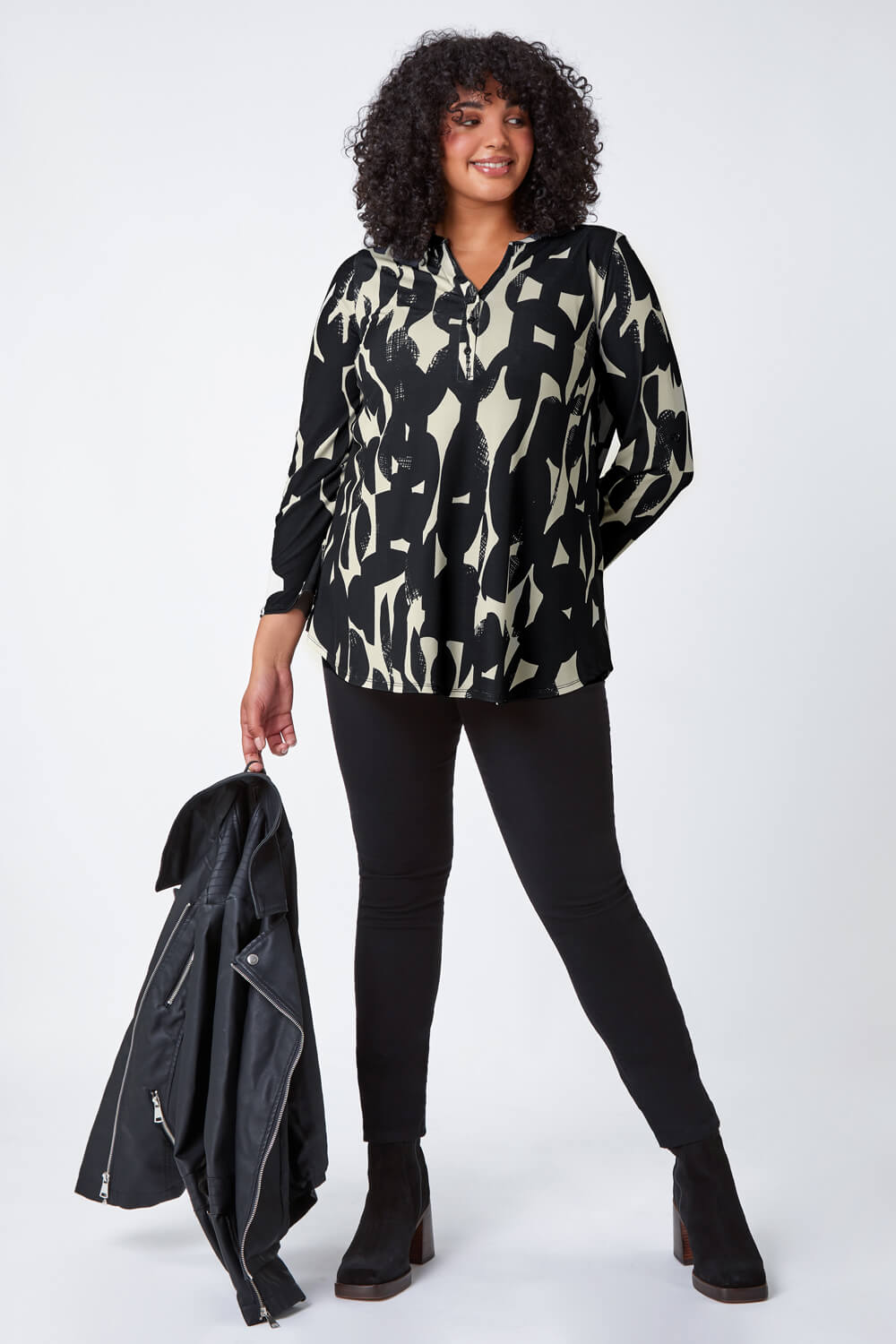 Black Curve Abstract Print Jersey Top, Image 4 of 5