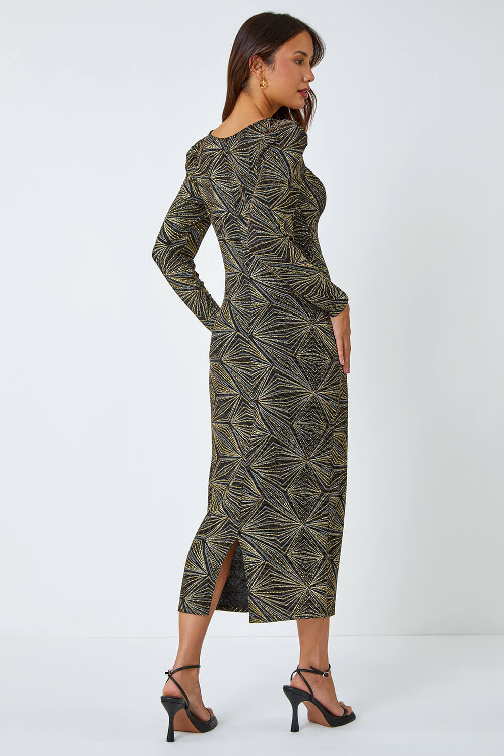 Gold Geometric Glitter Print Midi Stretch Dress, Image 3 of 5