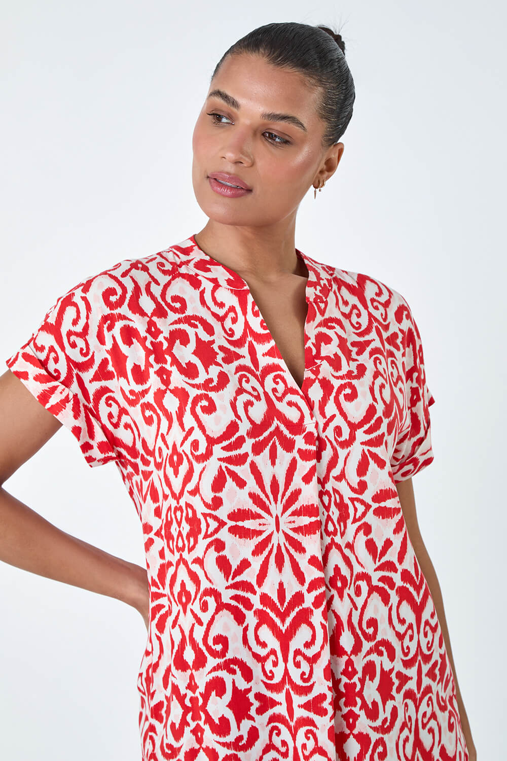 Red Aztec Print Pleat Detail Top, Image 4 of 5