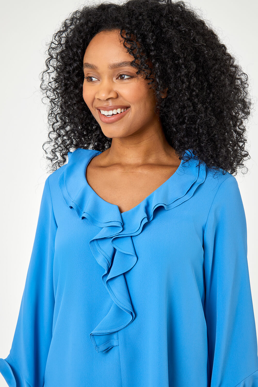 Blue Petite Flared Sleeve Frill Detail Blouse, Image 4 of 5