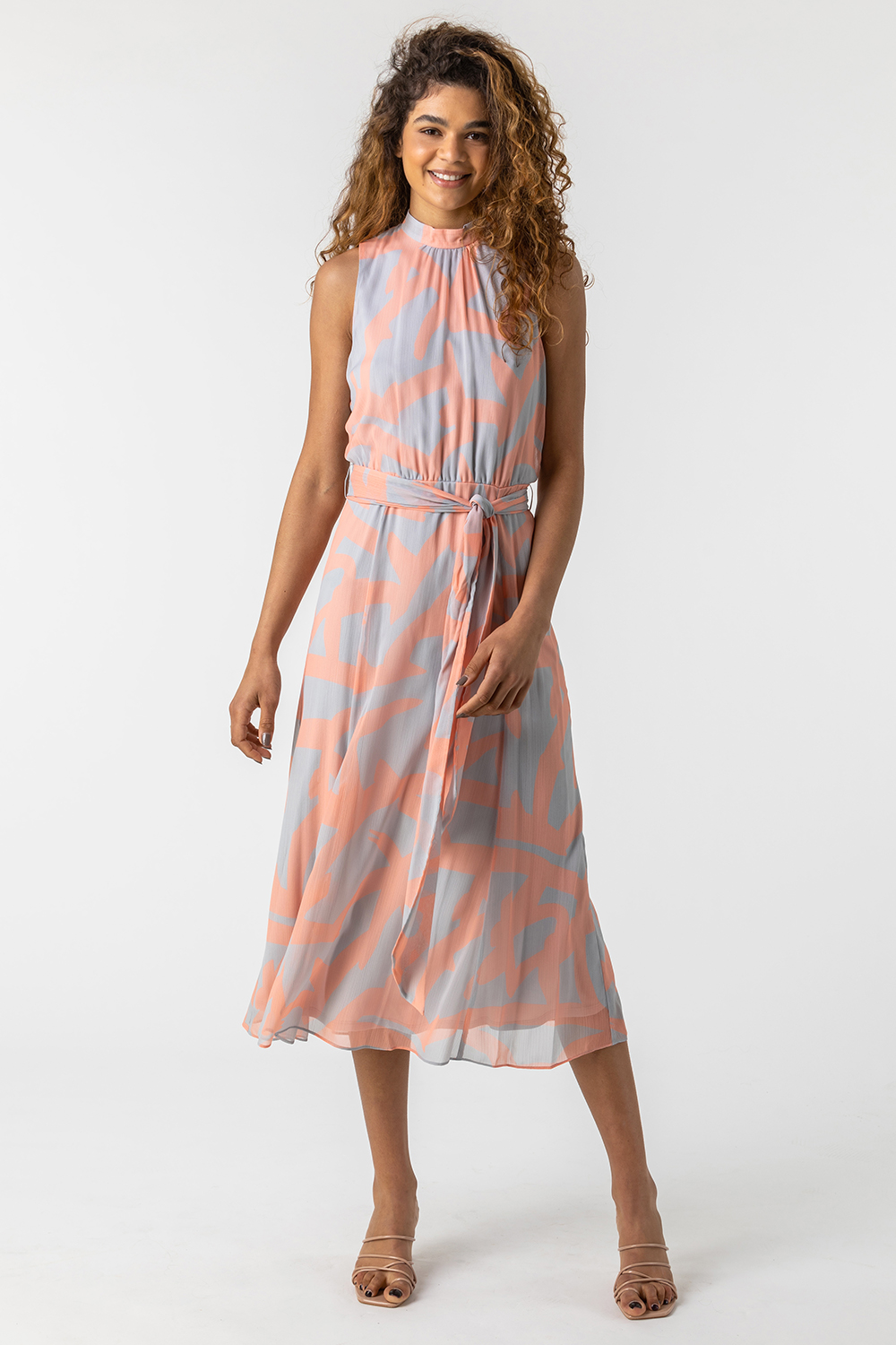 Light Pink Abstract Print High Neck Midi Dress, Image 3 of 5
