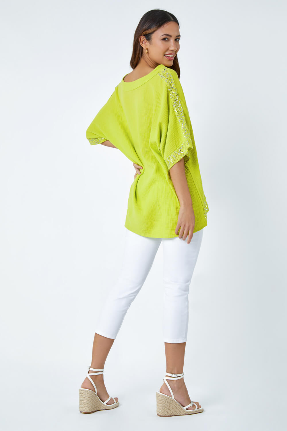 Lime Cotton Sequin Lace Trim Tunic Top, Image 3 of 5