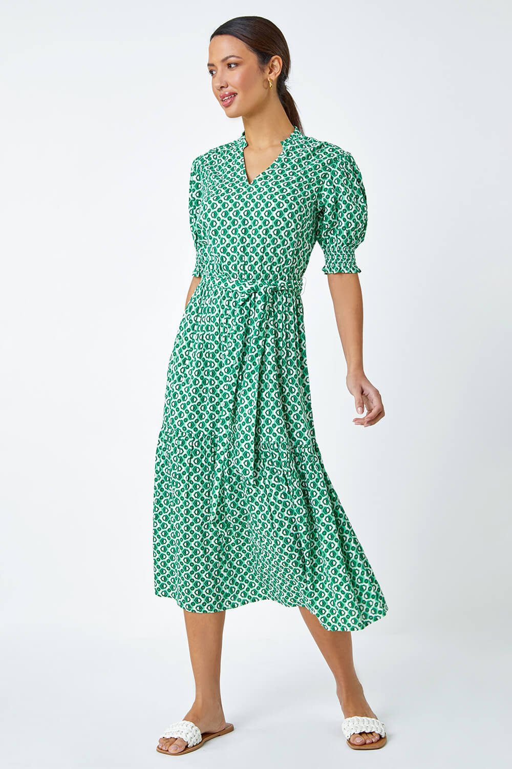 Green Geometric Tiered Belted Midi Dress, Image 2 of 5