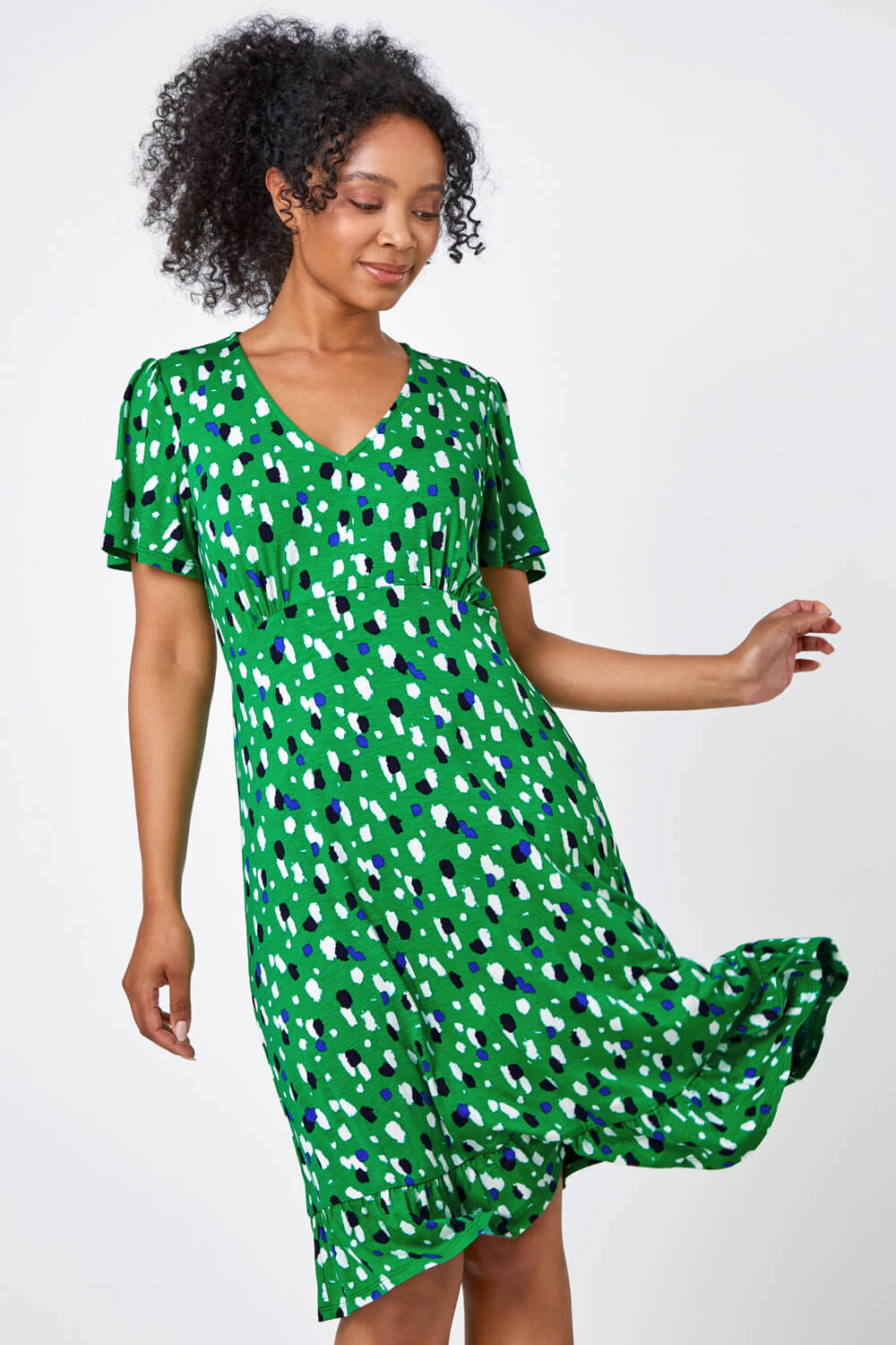 Green Petite Spot Frill Hem Stretch Dress, Image 2 of 5