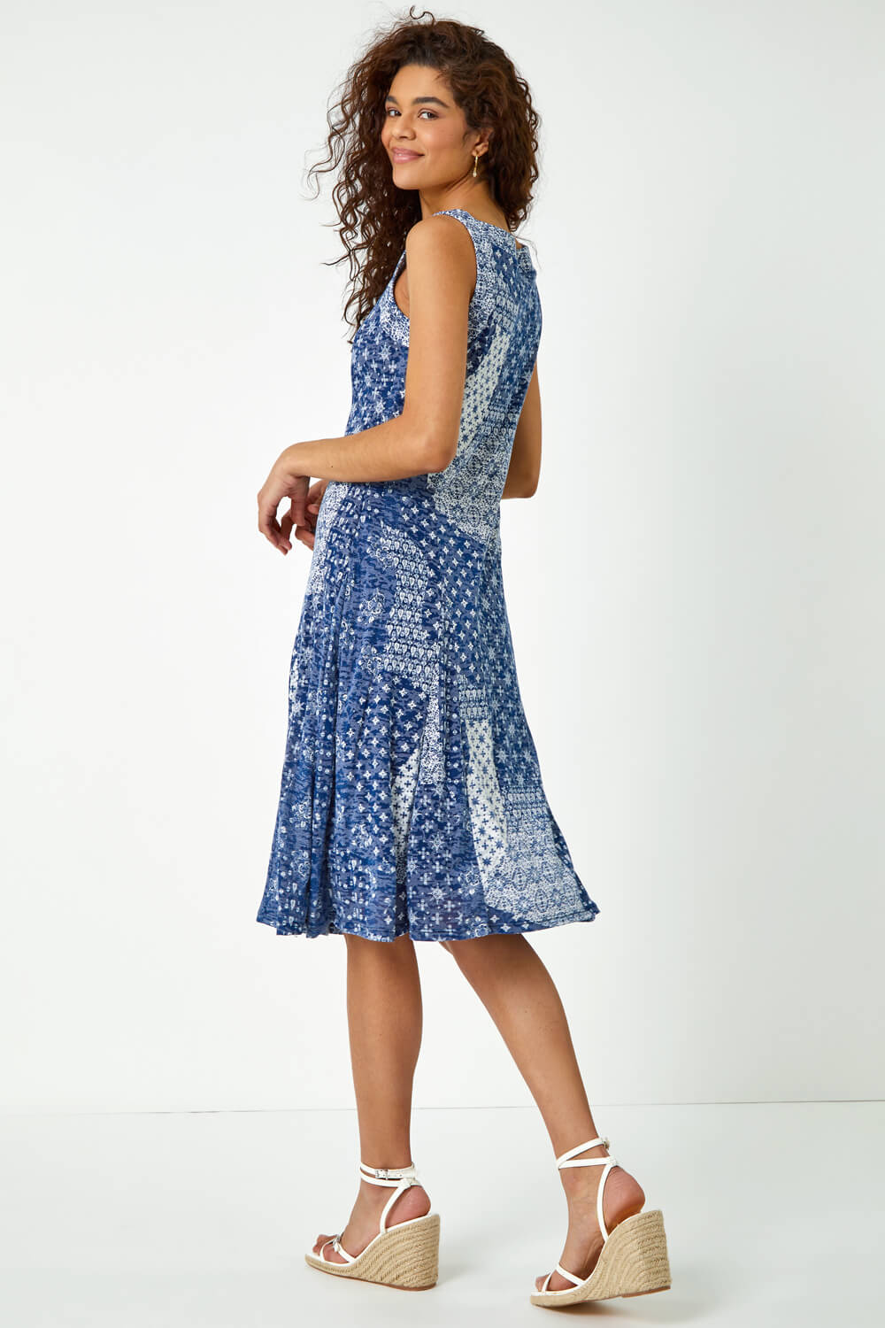 Blue Patchwork Print Fit and Flare Dress , Image 3 of 6