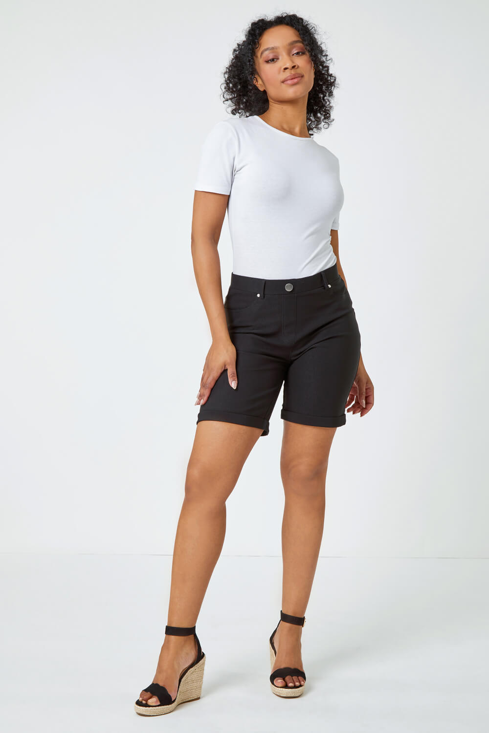 Black Petite Turned Hem Stretch Shorts, Image 2 of 5