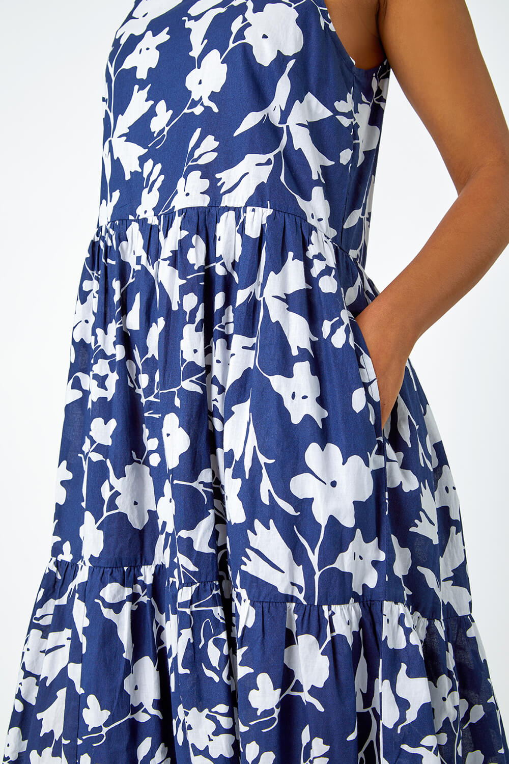 Navy  Sleeveless Cotton Floral Midi Dress, Image 5 of 5