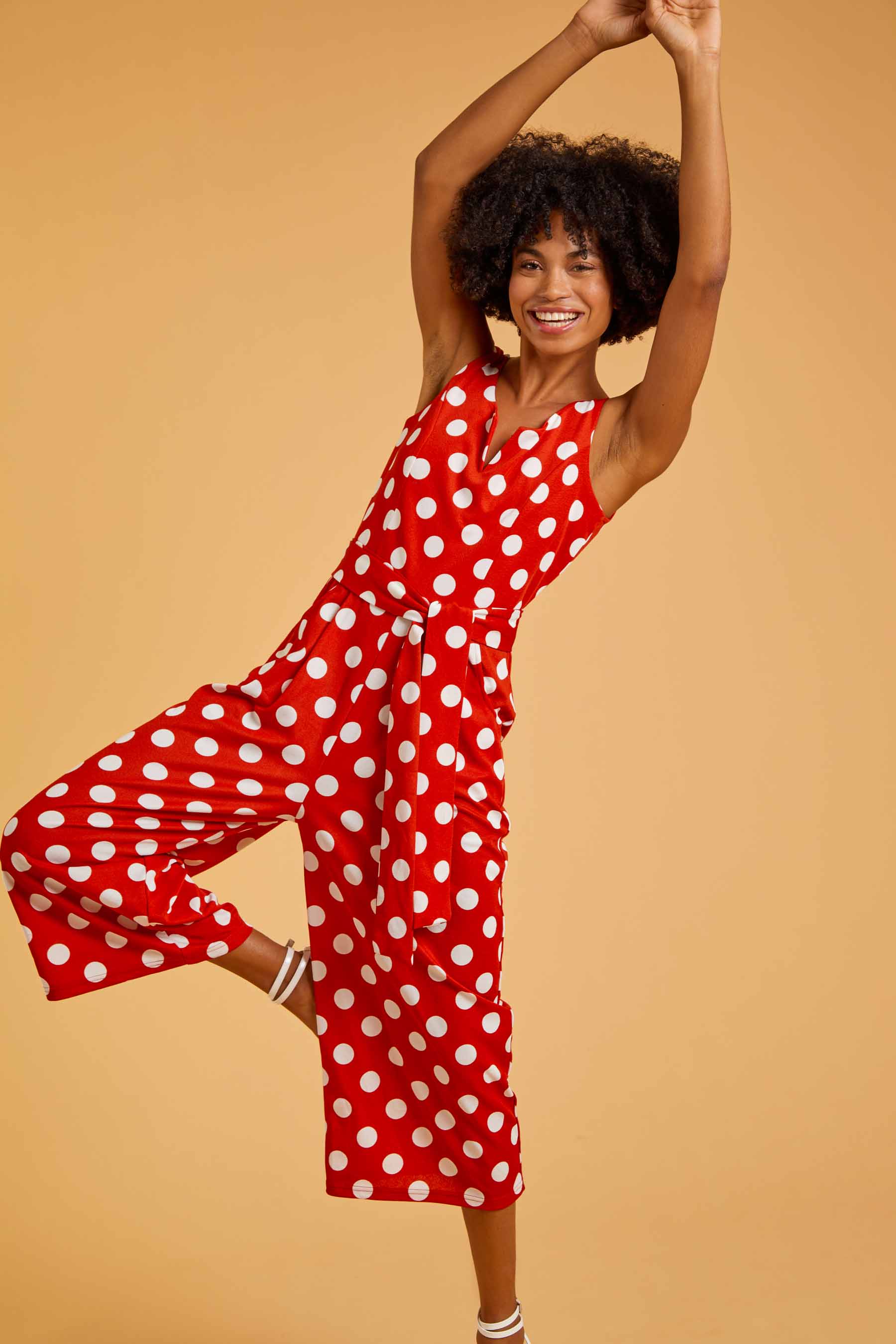 Red Spot Print Belted Jumpsuit , Image 2 of 6