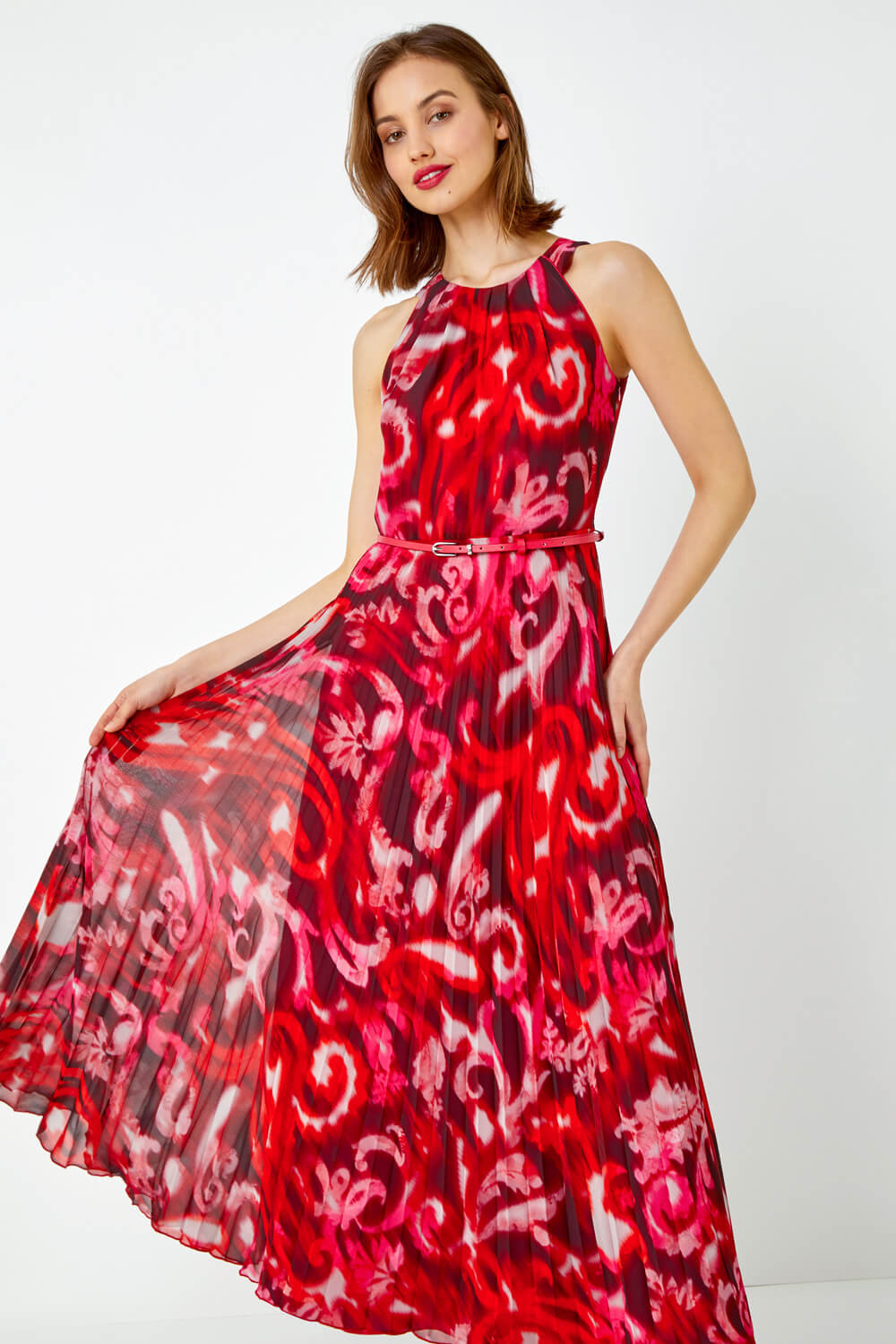 Red Swirl Print Pleated Maxi Dress, Image 2 of 5