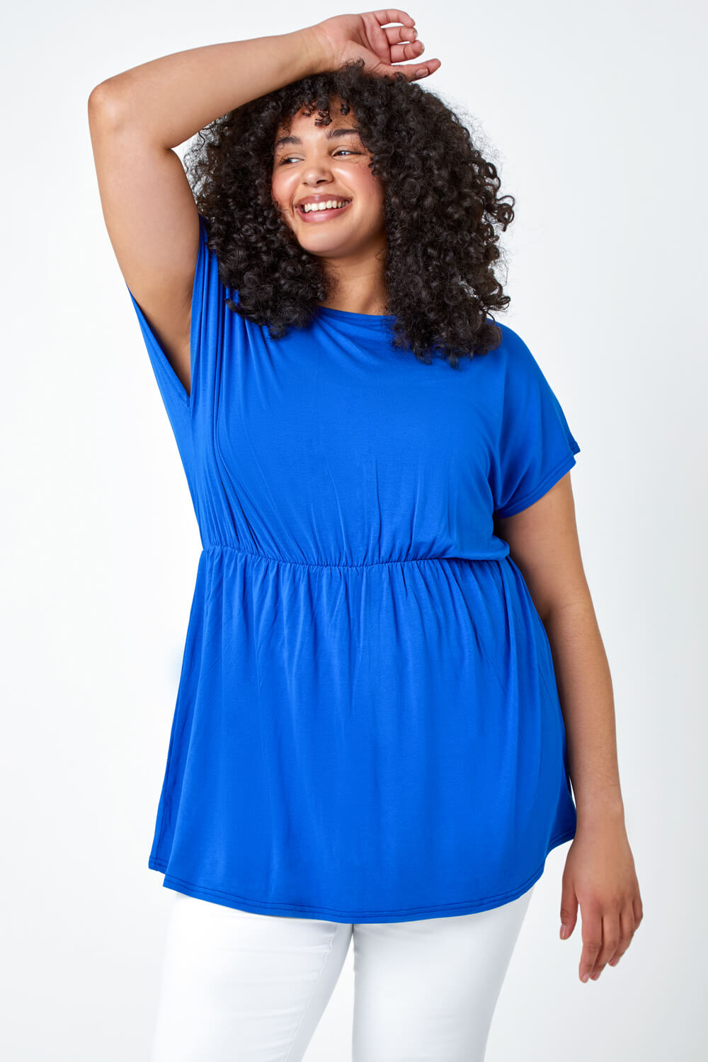 Royal Blue Curve Shirred Waist Tunic Top, Image 2 of 5