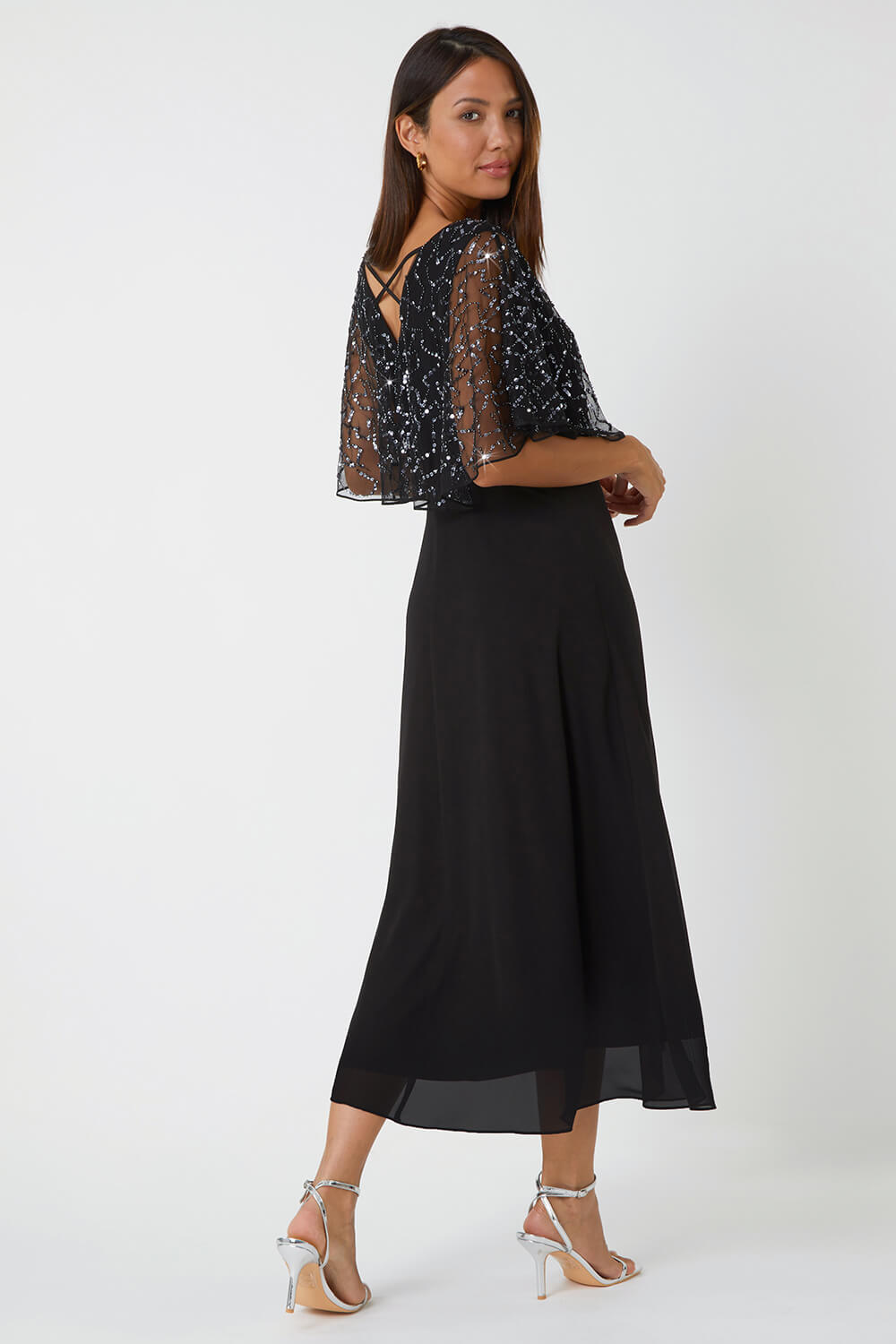 Black Sequin Embellished Chiffon Wrap Maxi Dress, Image 3 of 5