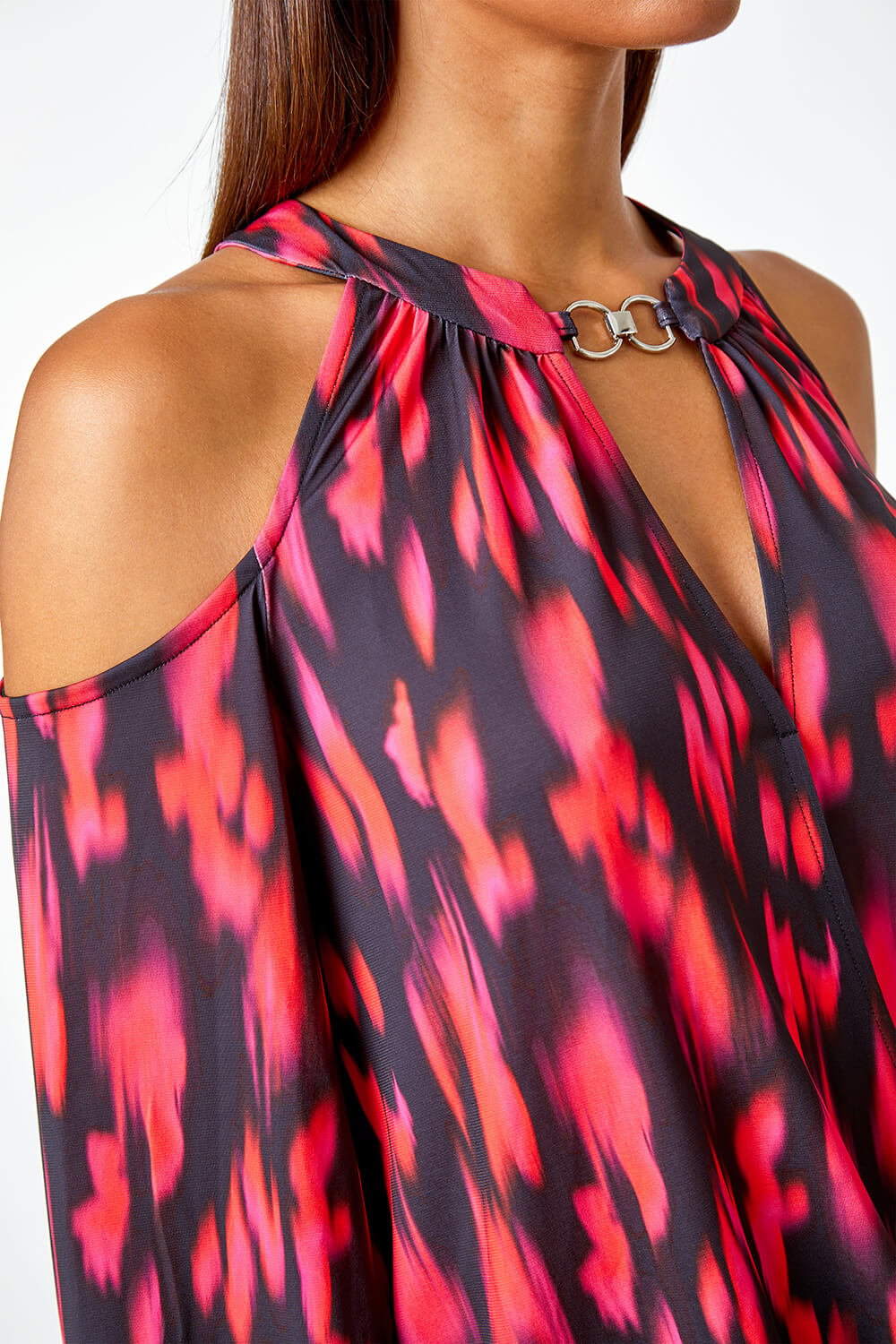 Fuchsia Abstract Print Cold Shoulder Stretch Top, Image 5 of 5