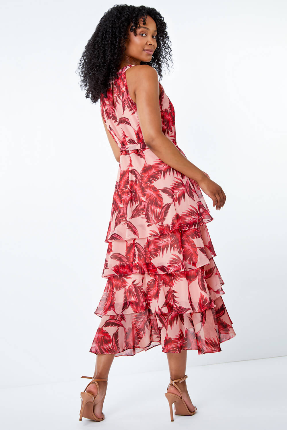 PINK Petite Tiered Tropical Print Midi Dress, Image 3 of 5