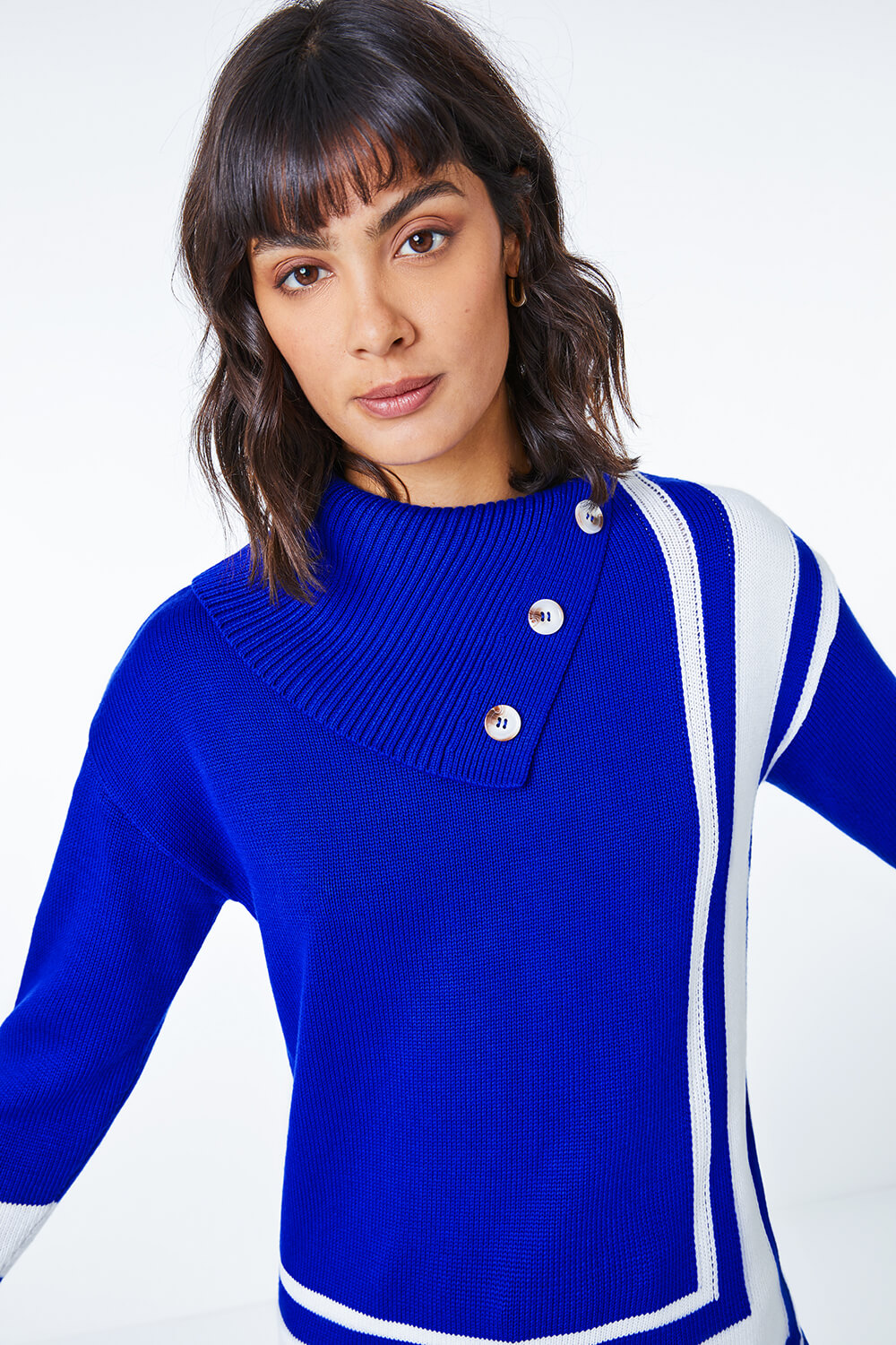Royal Blue Textured Knit Button Detail Stripe Jumper, Image 4 of 5