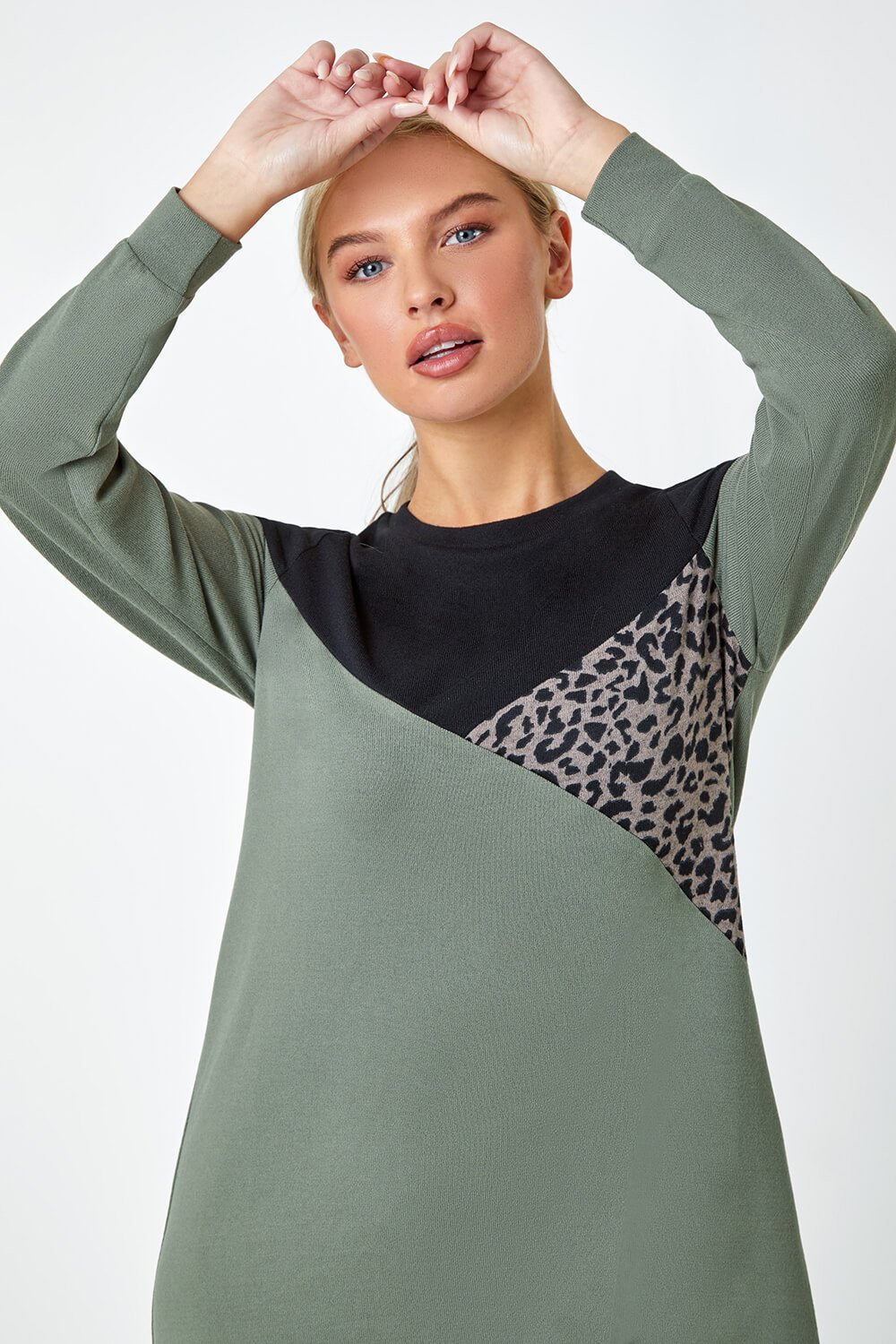 KHAKI Petite Leopard Print Colour Block Knit Dress, Image 4 of 5