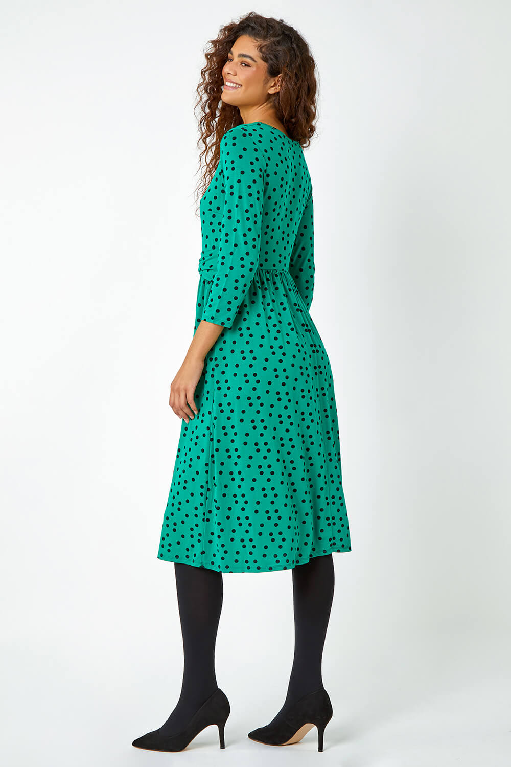 Green Twist Waist Spot Print Stretch Dress, Image 3 of 5