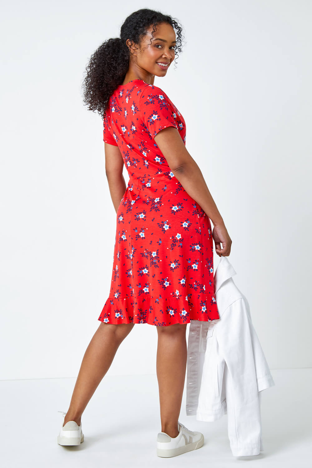 Red Petite Floral Stretch Wrap Dress, Image 3 of 5