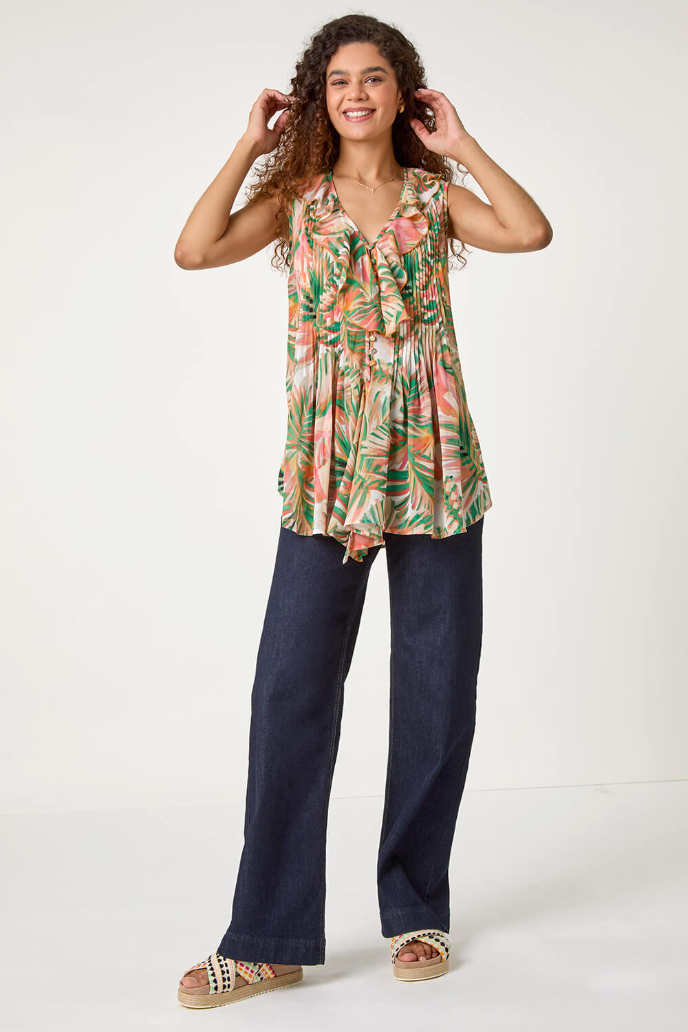 Orange Leaf Print Frill Pintuck Detail Top | Roman UK