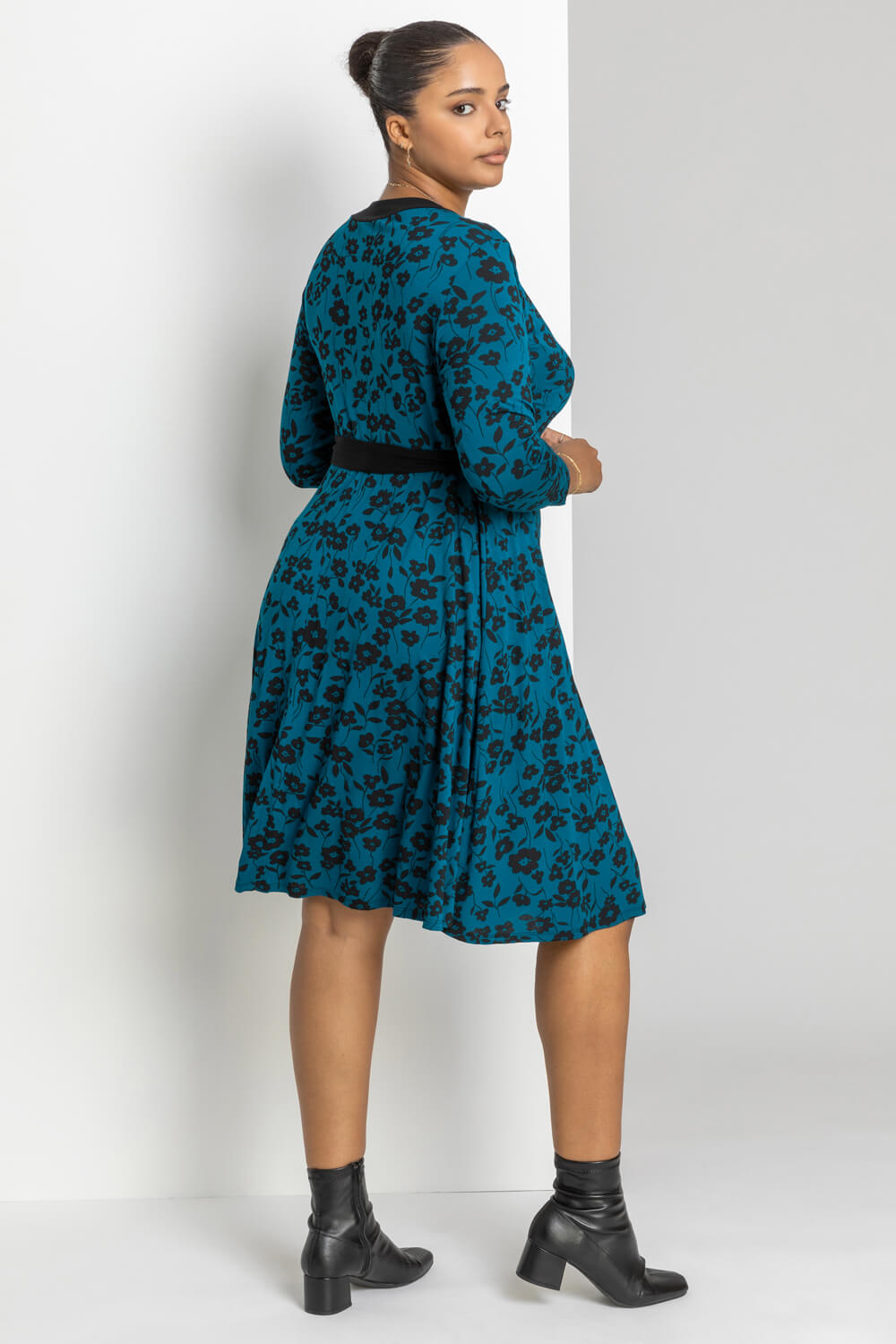 Petrol Blue Curve Floral Contrast Print Wrap Dress, Image 2 of 4