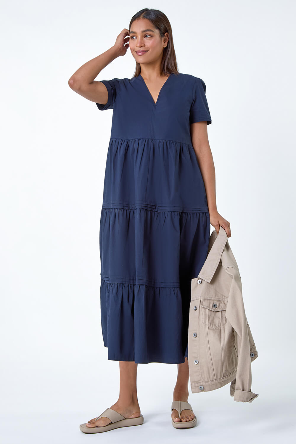 Navy  Plain Cotton Tiered Maxi Dress, Image 2 of 5
