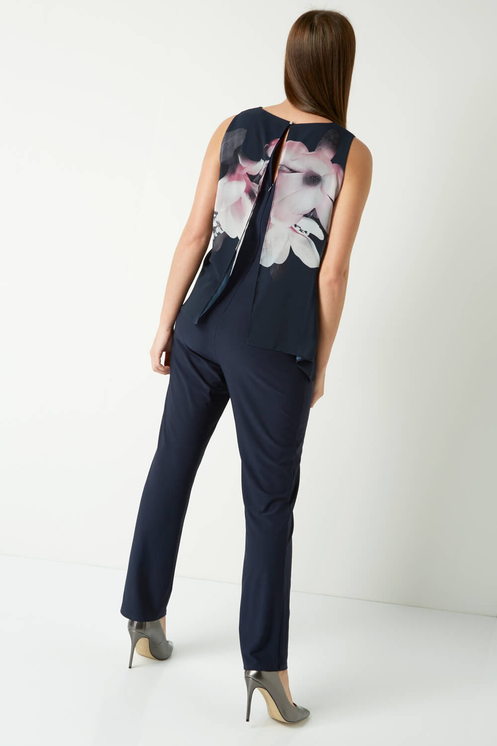 Navy  Floral Print Chiffon Overlay Jumpsuit, Image 2 of 4