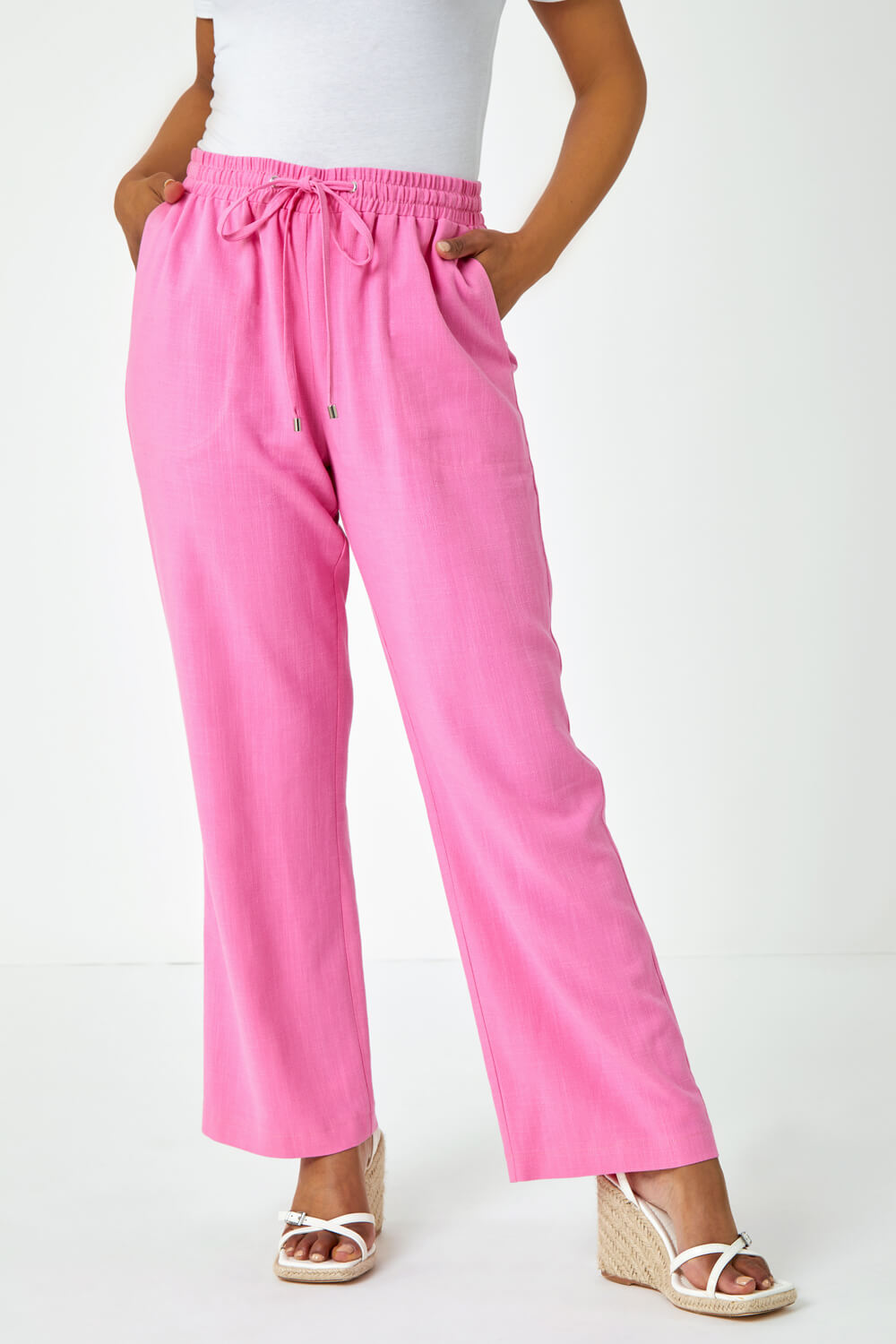 YOURS Plus Size Curve Pink Linen Blend Wide Leg Trousers