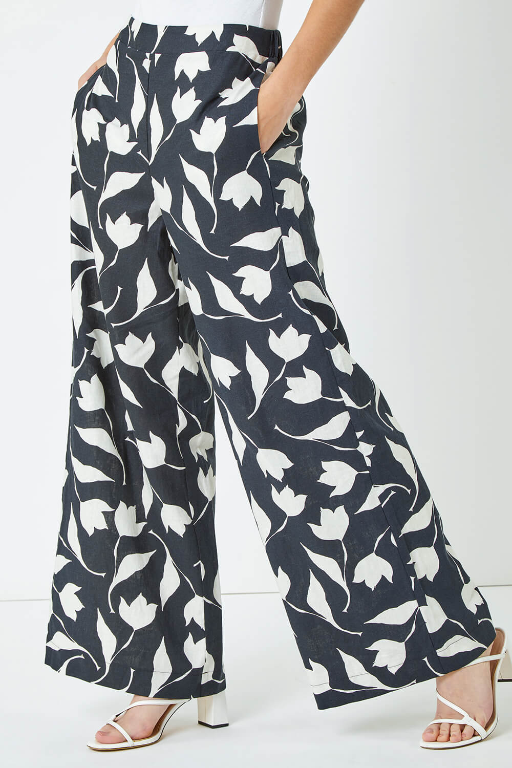 Black Floral Print Wide Leg Trousers, Image 5 of 5