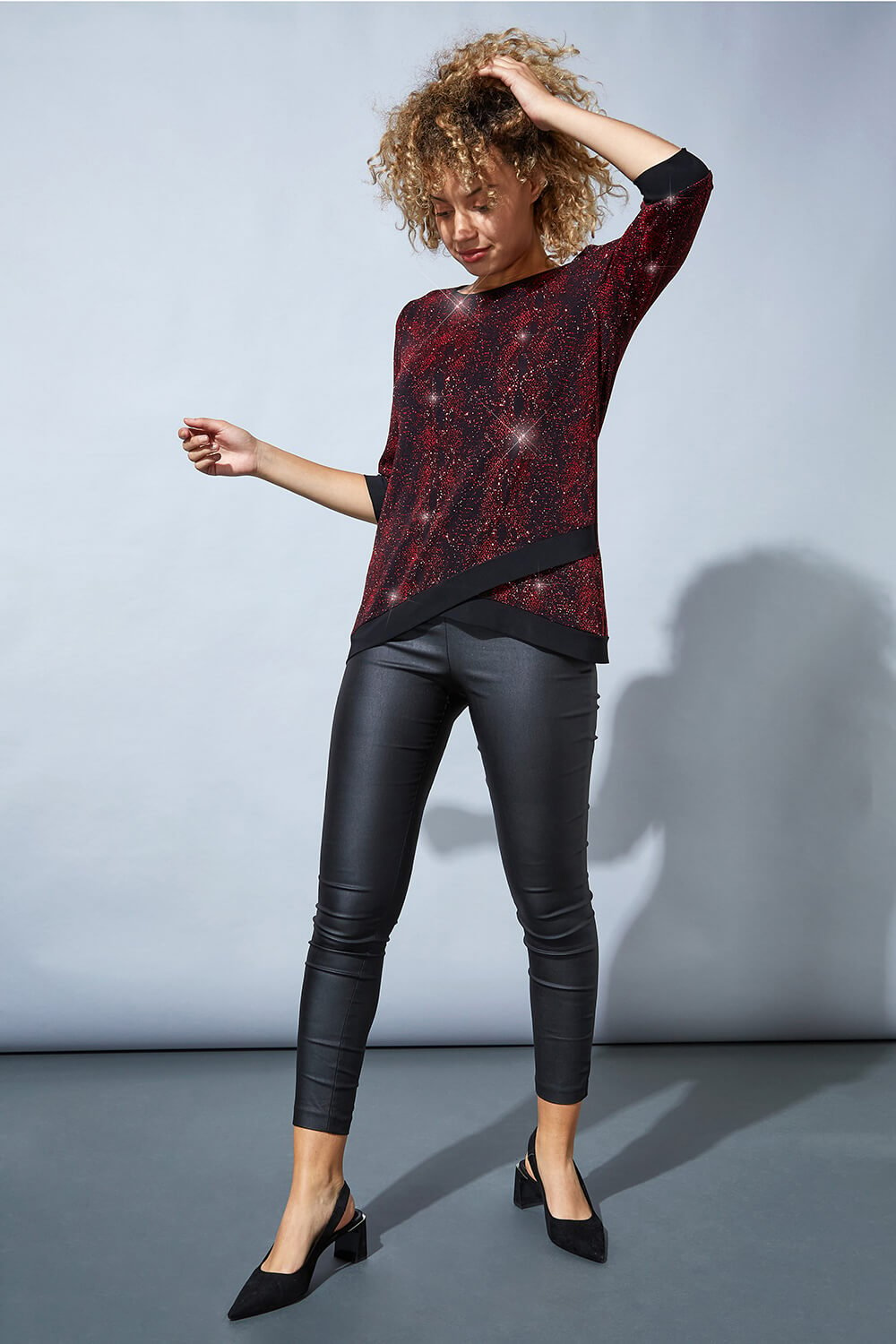 Red Shimmer Animal Print Asymmetric Top, Image 2 of 4