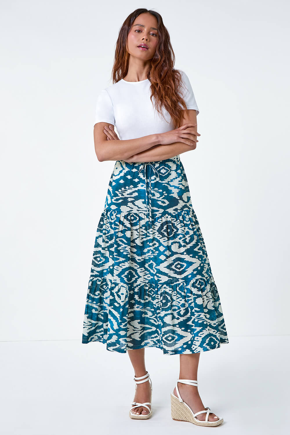 Teal Petite Aztec Print Cotton Midi Skirt, Image 2 of 5
