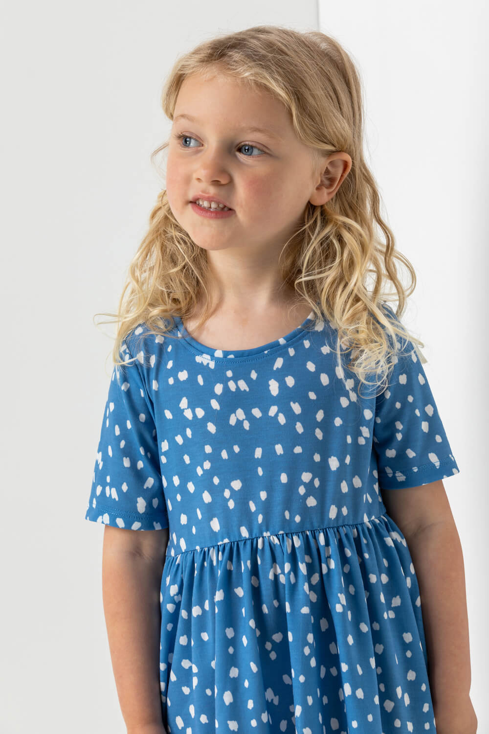 Blue Girls Spot Print Pocket Detail Dress, Image 4 of 5
