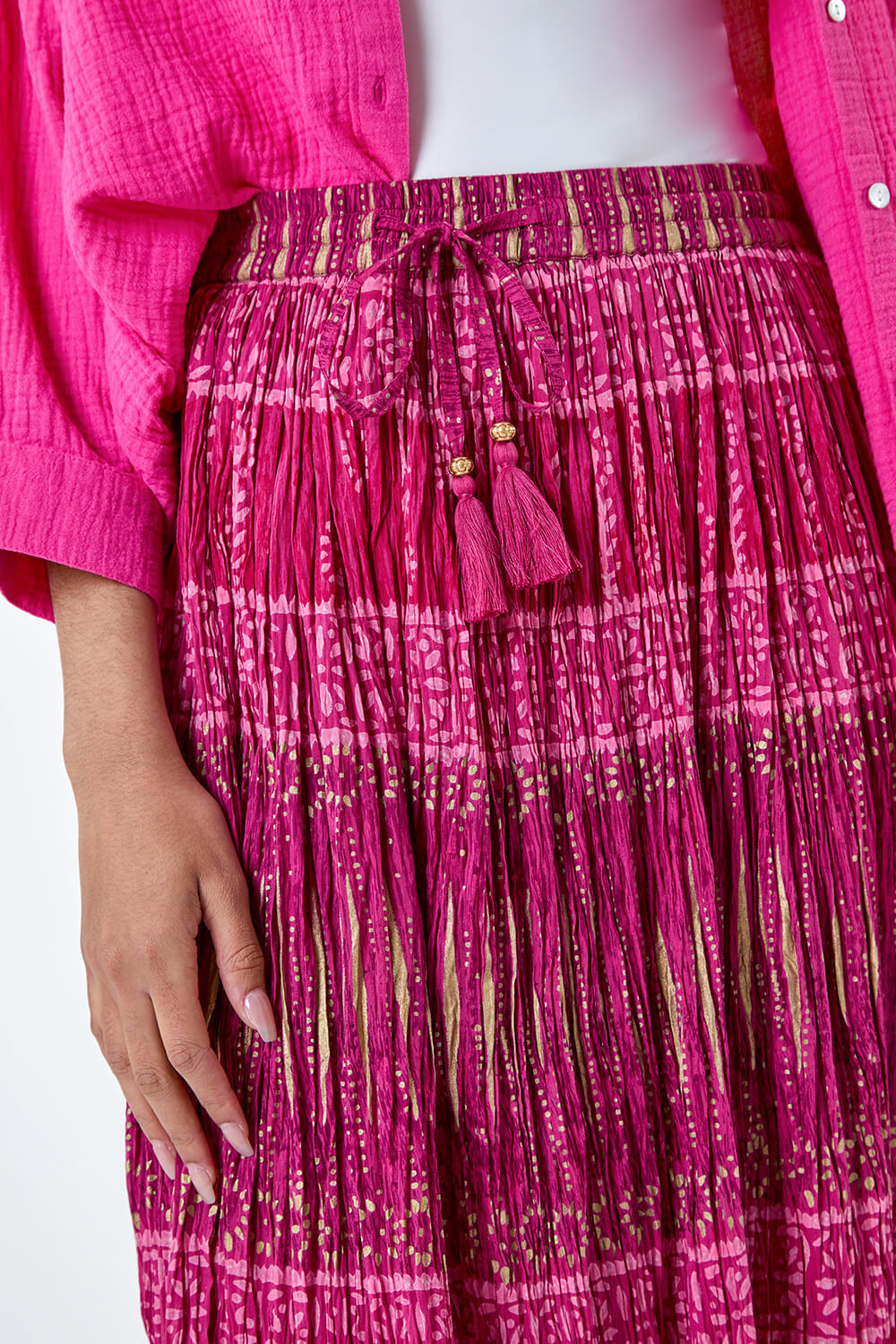 PINK Crinkle Cotton Metallic Foil Midi Skirt, Image 5 of 5