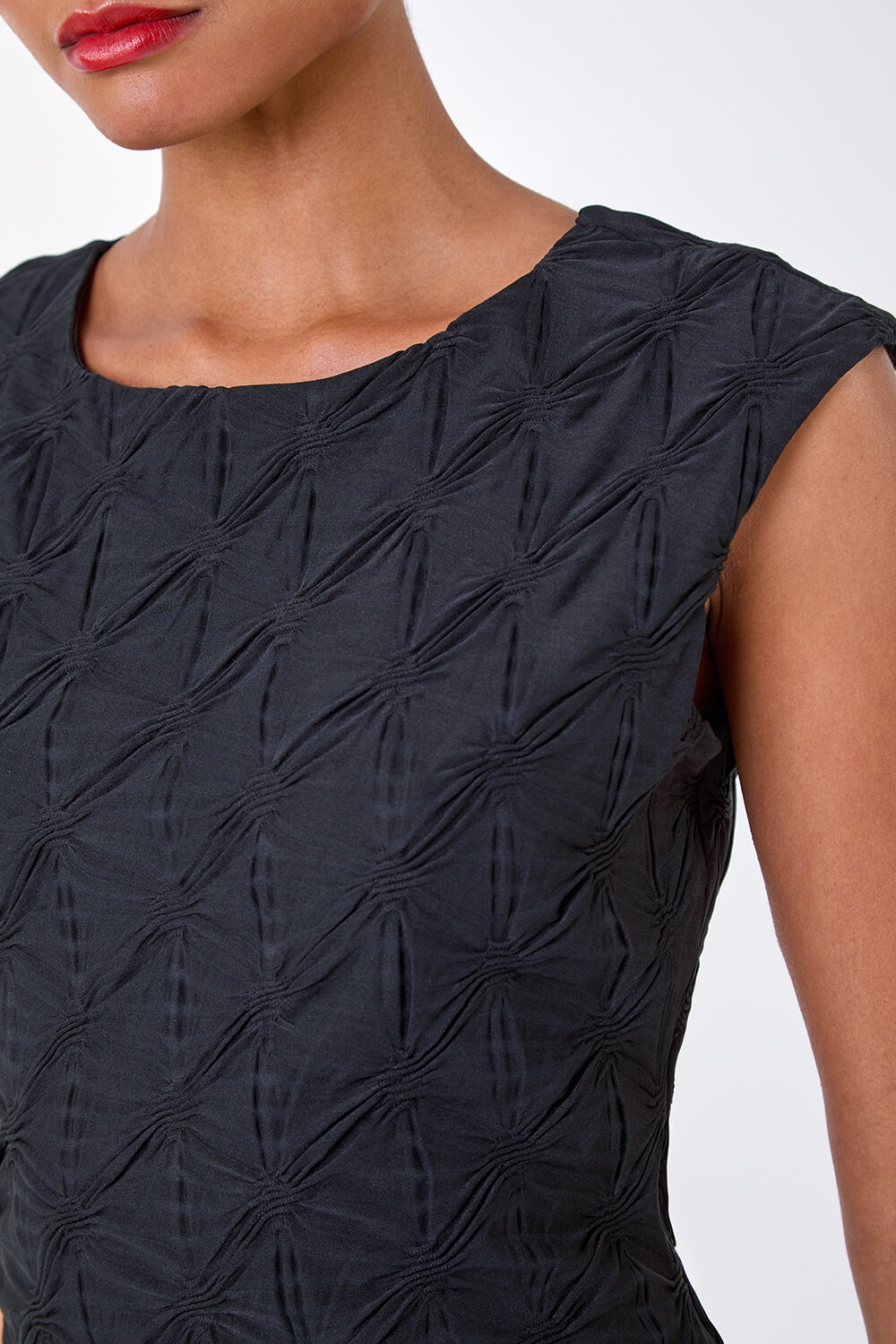 Black Textured Stretch Cap Sleeve Dress, Image 5 of 5