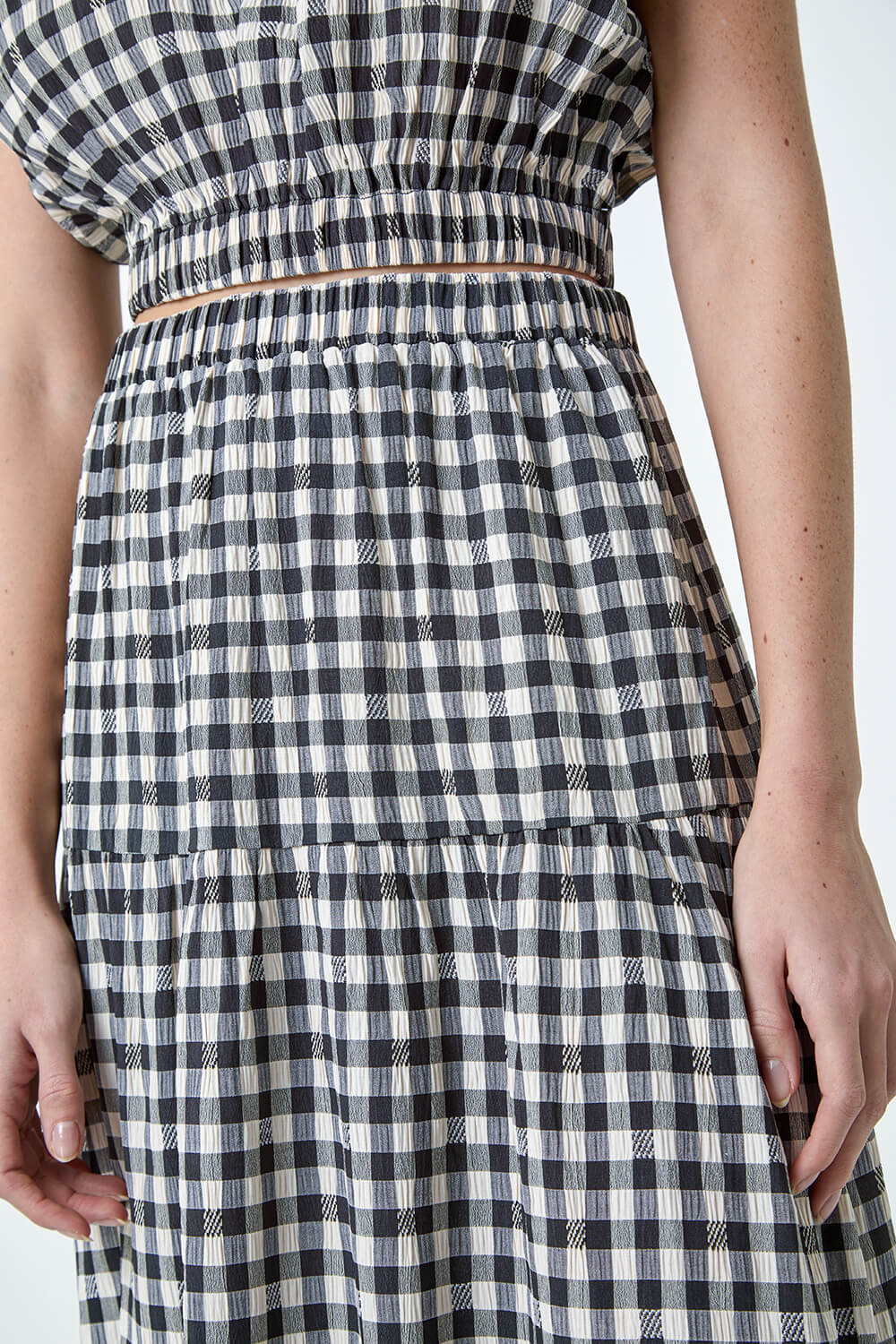 Black Gingham Check Tiered Maxi Skirt, Image 5 of 7