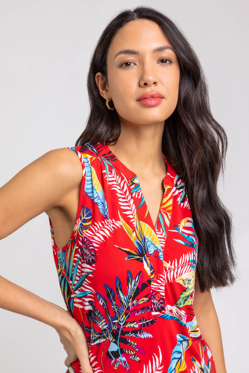 Red Tropical Print Stretch Jersey Top, Image 4 of 5