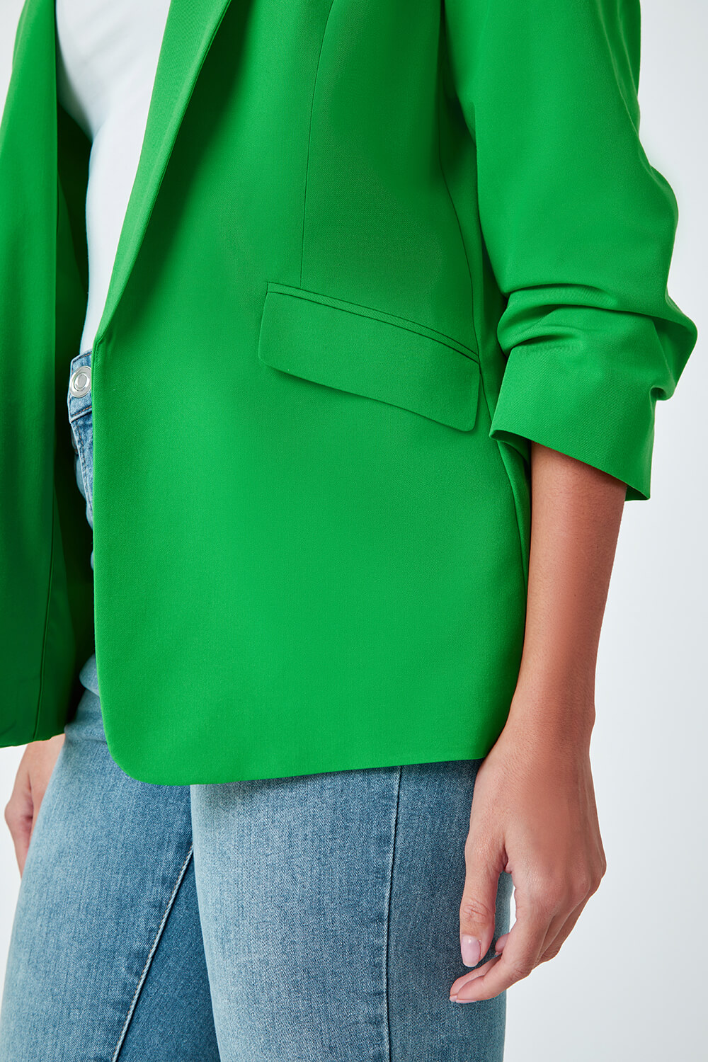 Green Ruched Sleeve Stretch Blazer , Image 4 of 4